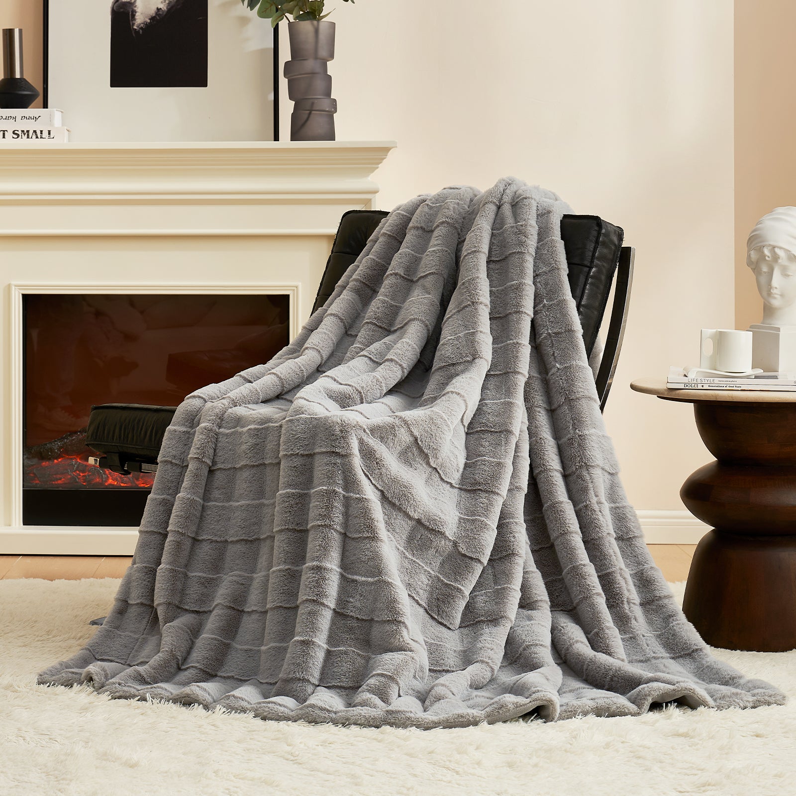 Gray cross-striped fuzzy throw blanket on a chair, Cozy Bliss #color_Grey
