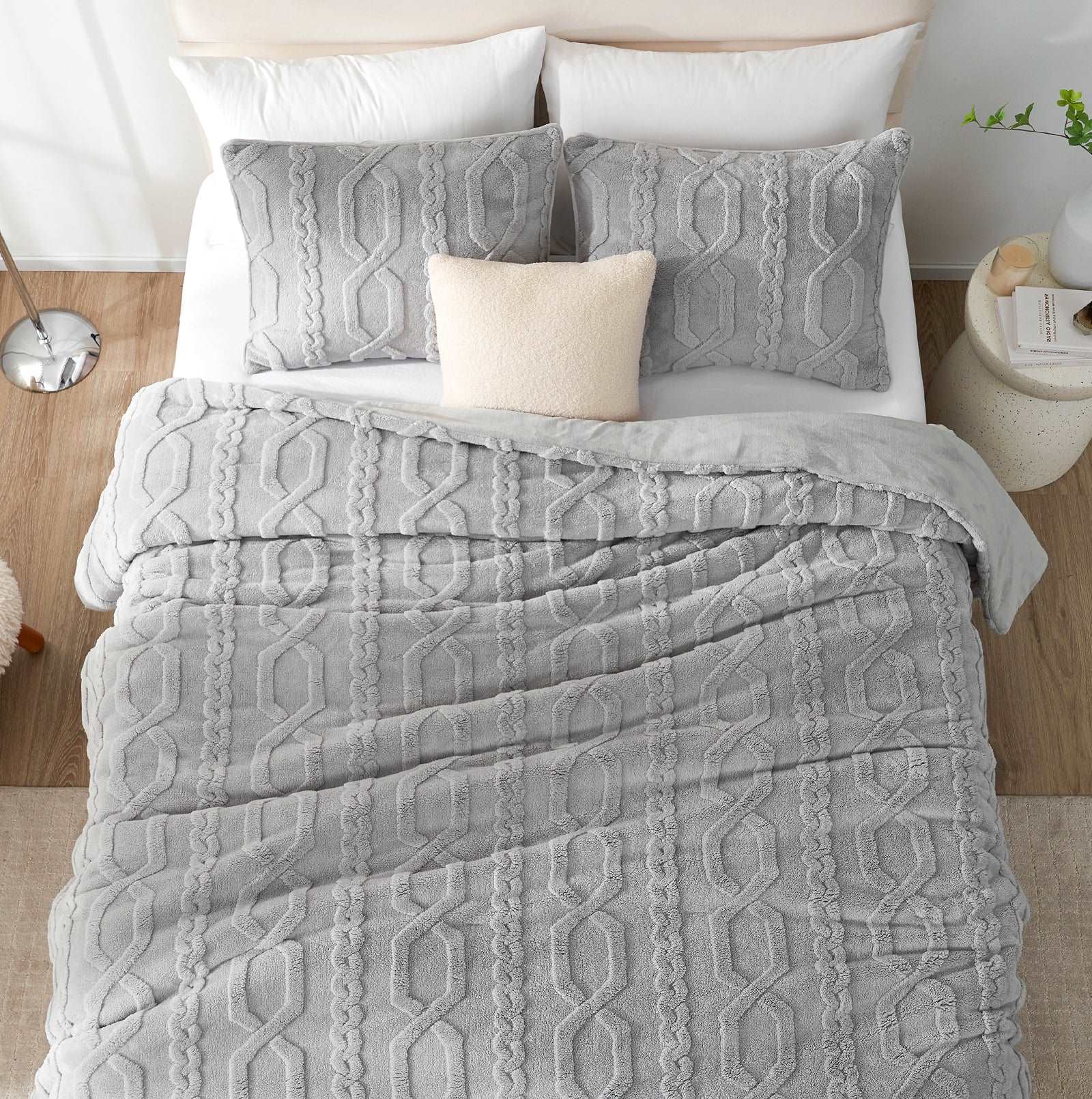 Cozy Bliss Jacquard Sherpa Bed Set - Grey comforter with woven pattern, soft and cozy for bedroom decor #color_Light Grey