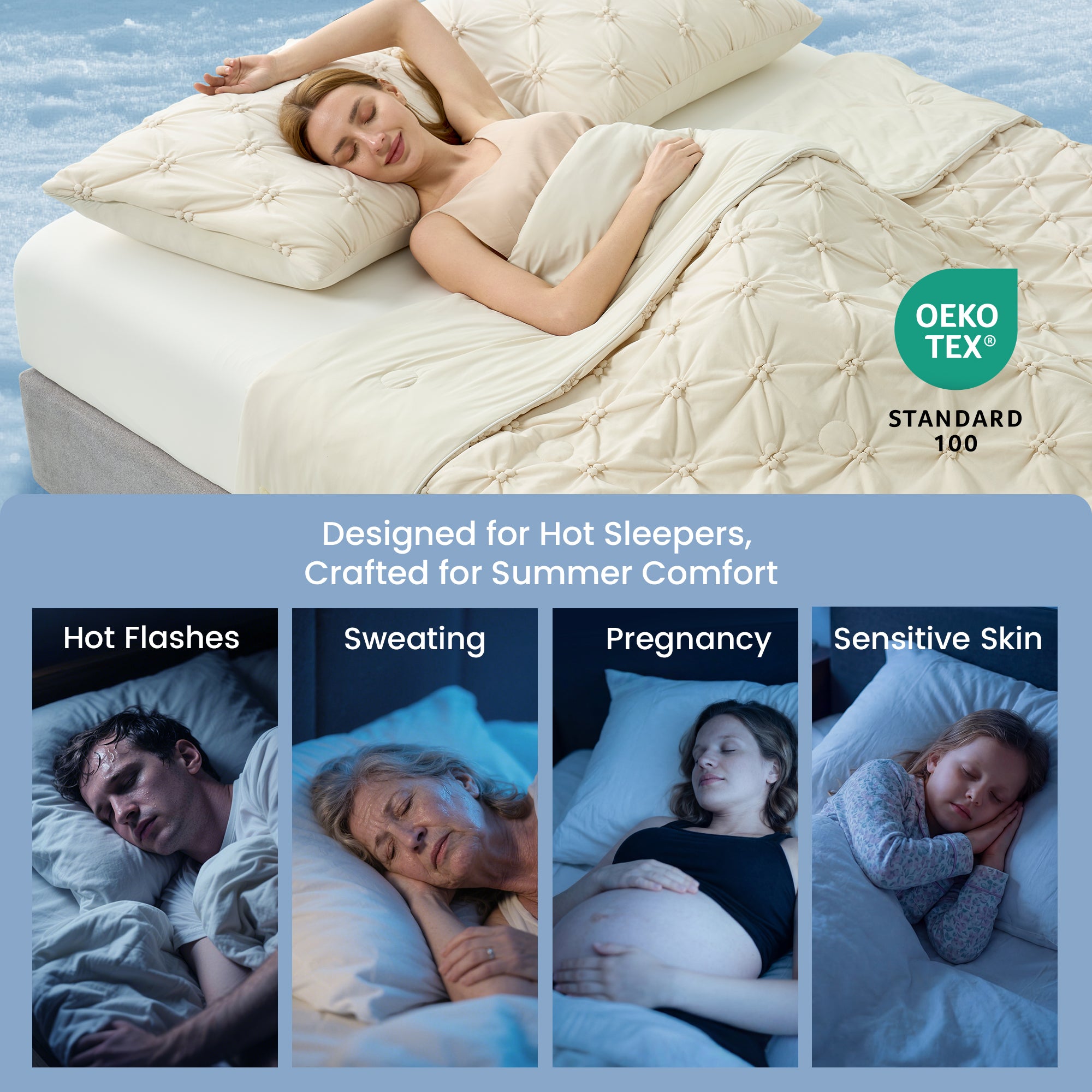 Woman sleeping under Cozy Bliss pintuck comforter, featuring Oeko-Tex certification, designed for hot sleepers. #Color_Beige