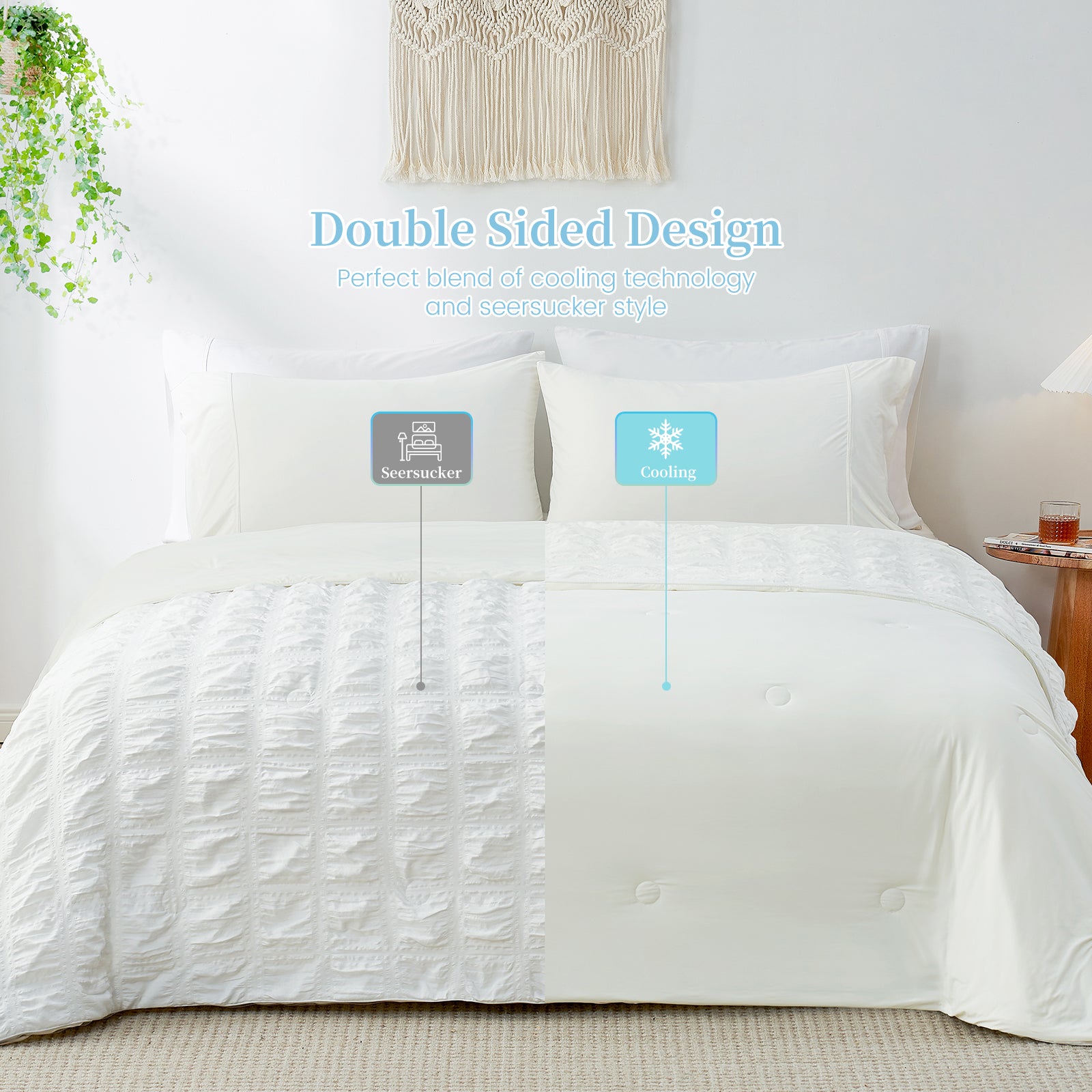 Double-sided cooling comforter, seersucker style & cooling technology for a comfortable sleep experience #Color_White Plaid