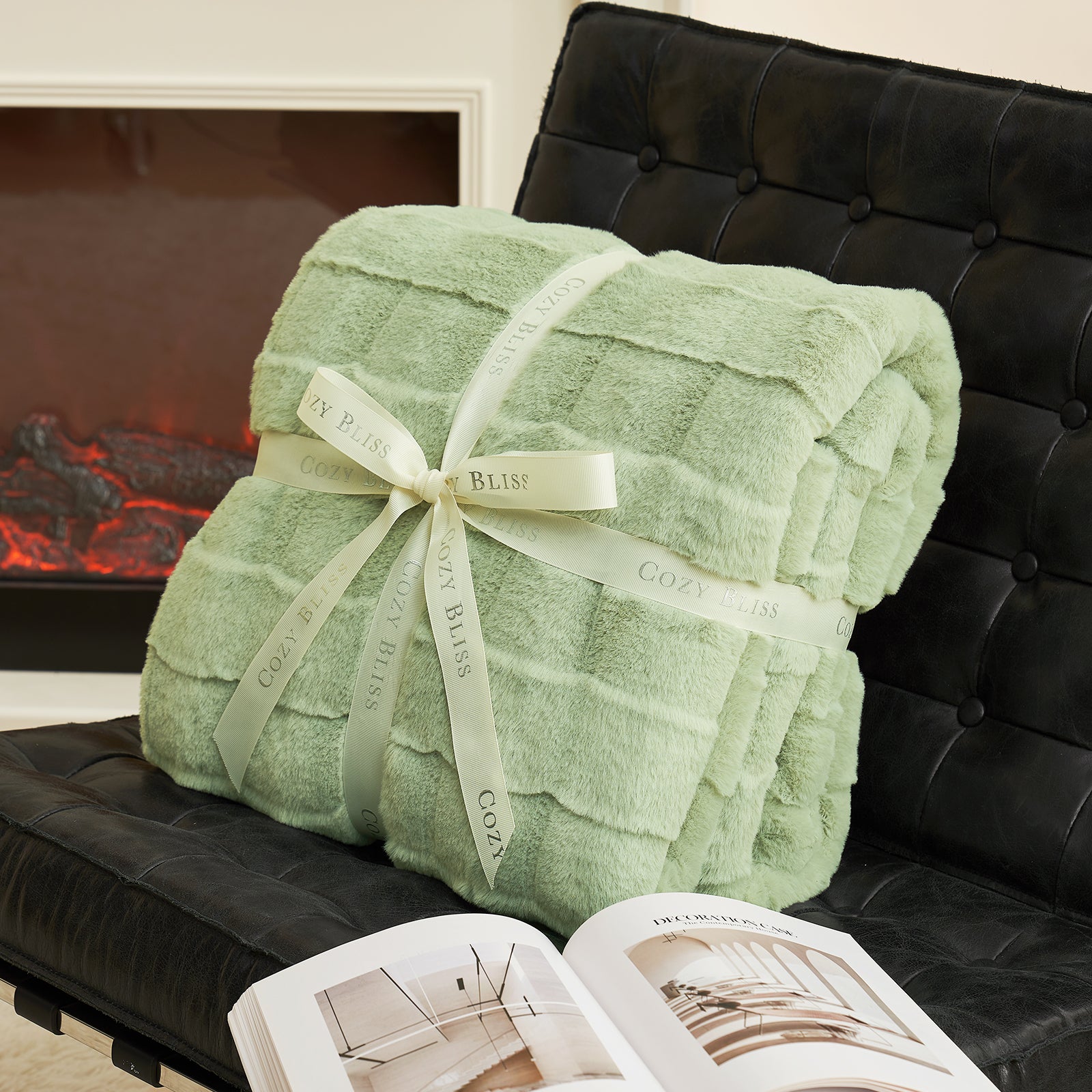 Cozy Bliss sage green cross-striped faux fur throw blanket, soft and cozy, perfect for bedroom decor #color_Sage Green