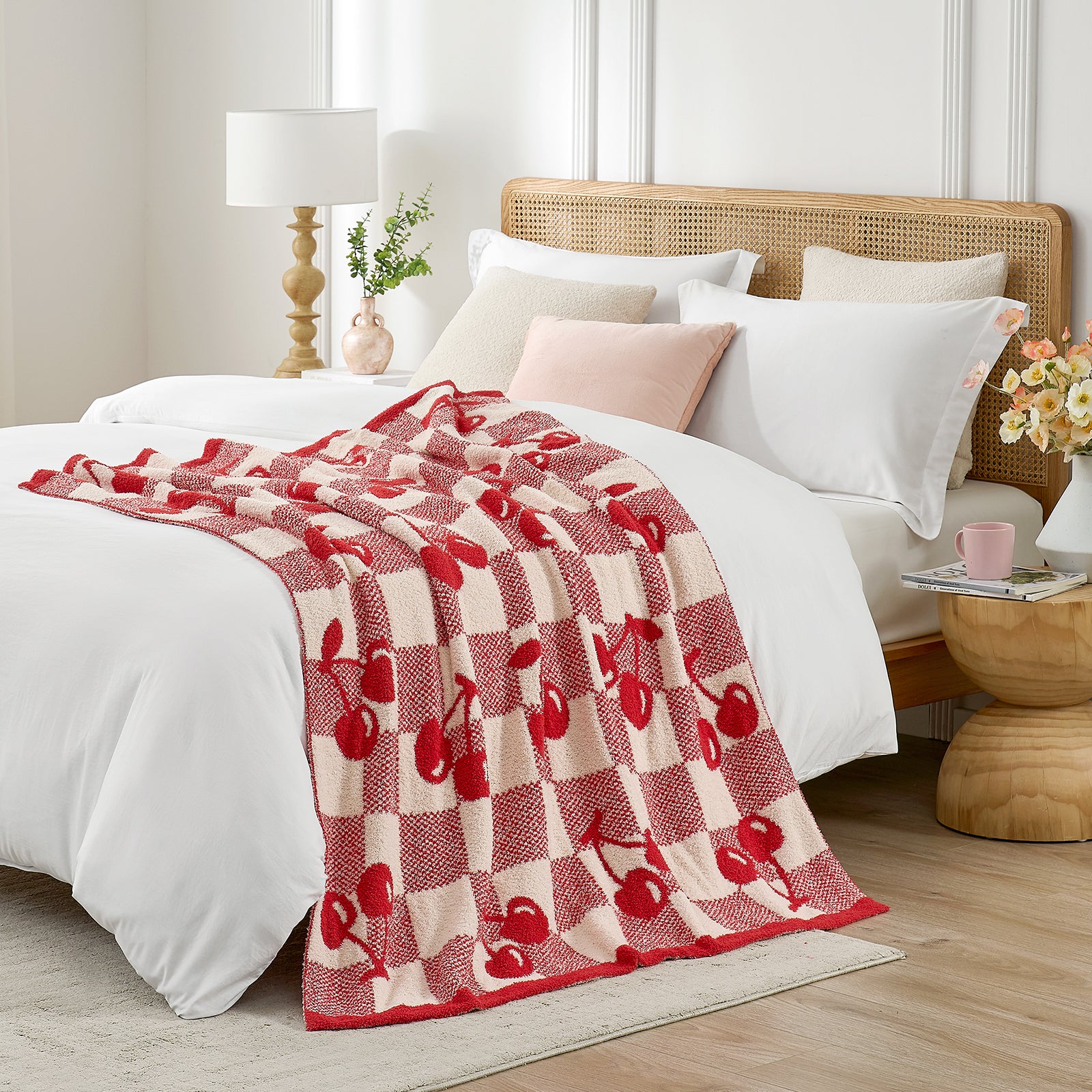 Cozy Bliss x SS Reversible Checkered With Red Cherry Throw Blanket
