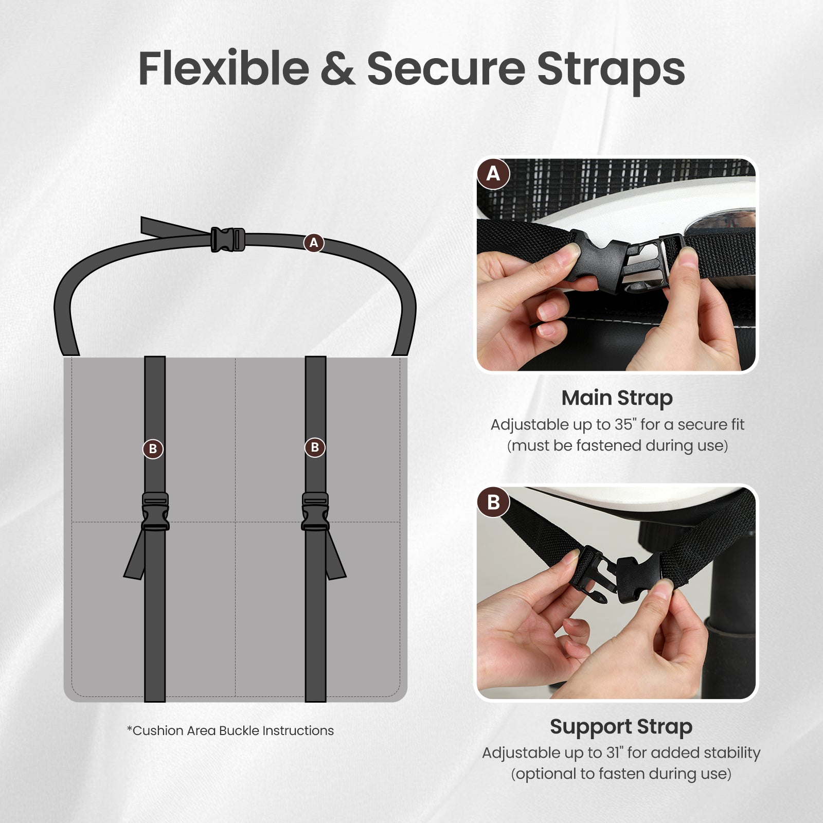 Product image with flexible and secure straps on a gray background