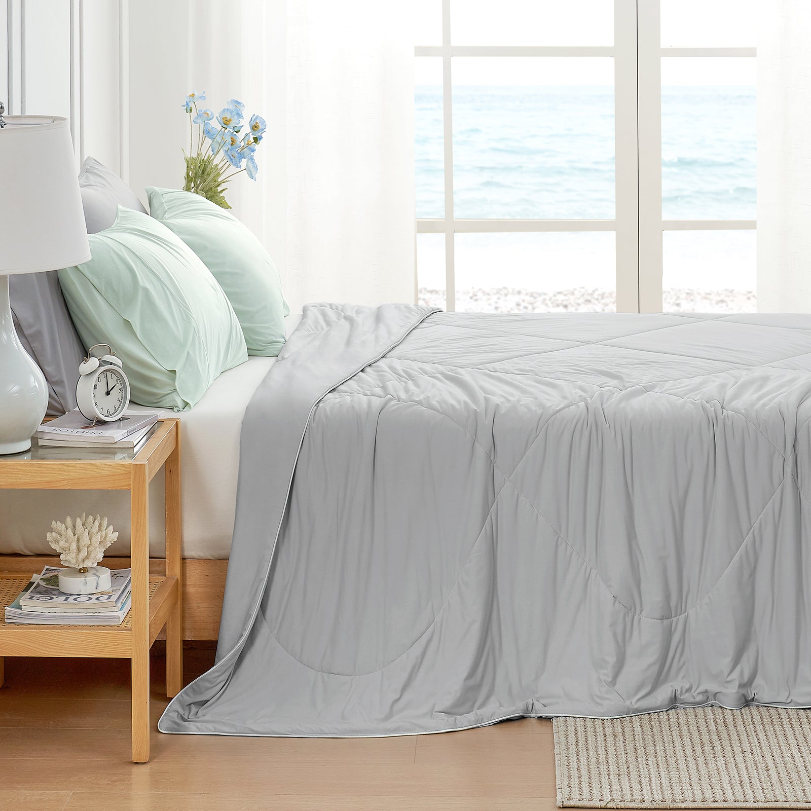 Cozy Bliss gray cooling blanketin bedroom, ocean view #Color_Grey