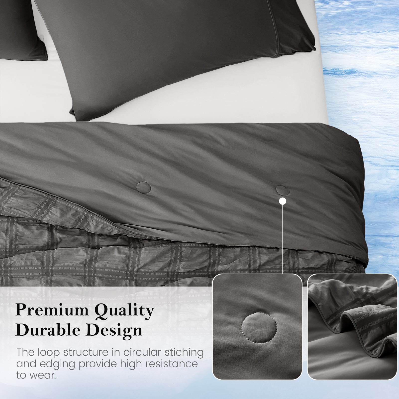 Close up of Cozy Bliss charcoal grey seersucker plaid cooling comforter with extra strength and durability.#color_Charcoal Grey