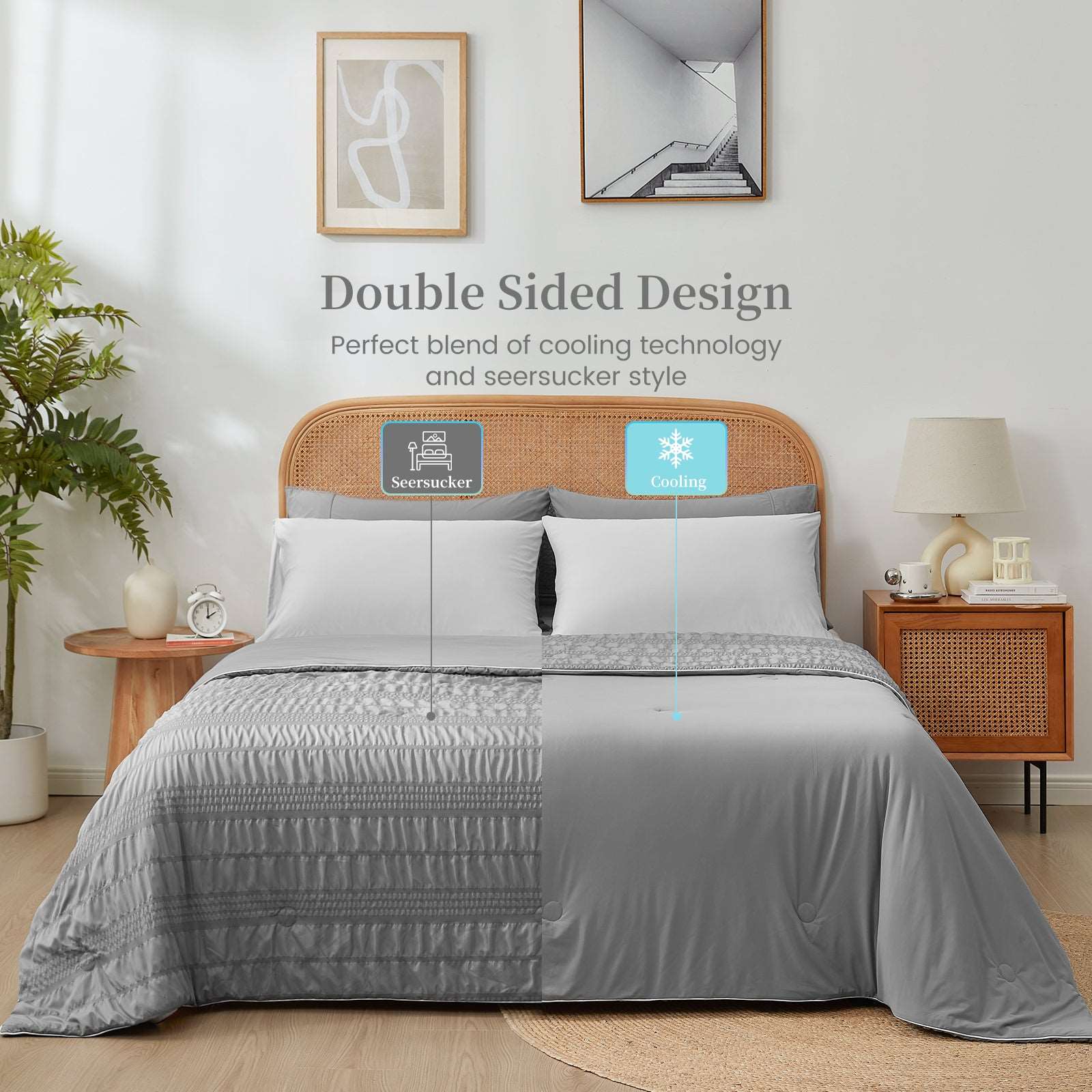 Cozy Bliss Seersucker Cooling Comforter - Double Sided Design #color_Dark Grey