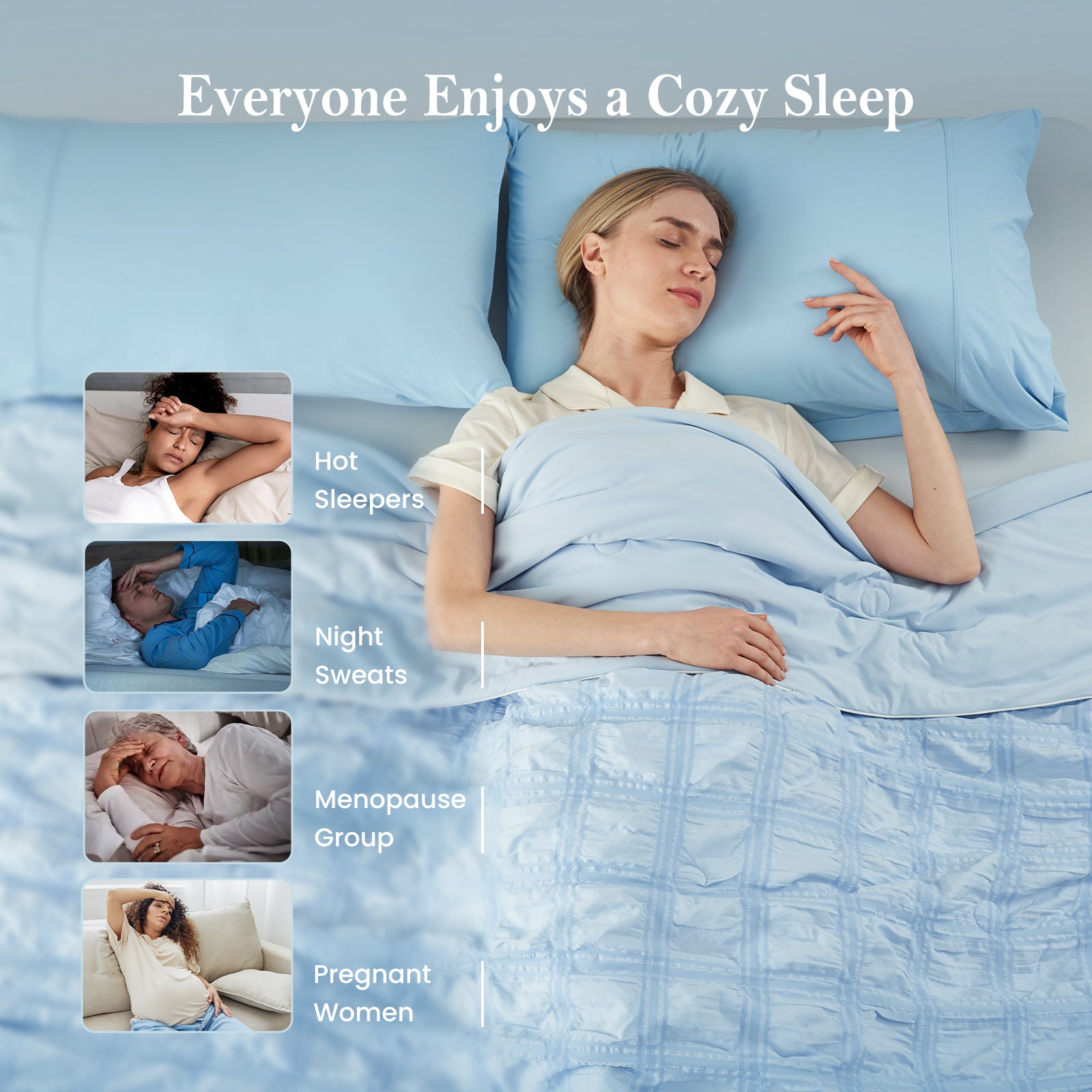 Woman sleeping peacefully under blue seersucker cooling comforter for hot sleepers.#Color_Blue Plaid