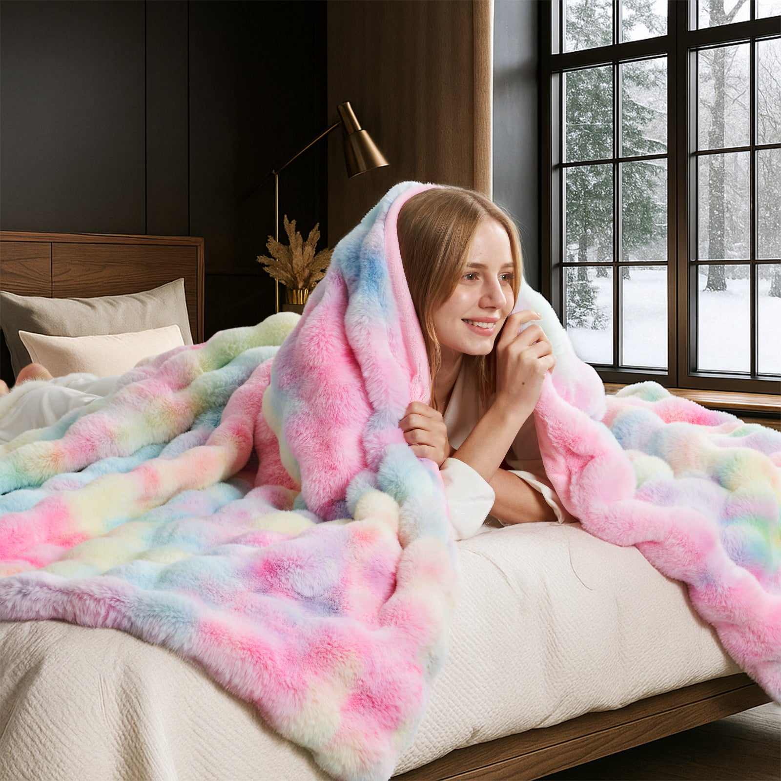 Woman wrapped in a colorful blanket in a cozy bedroom with a snowy view. #color_Tie-dye Rainbow