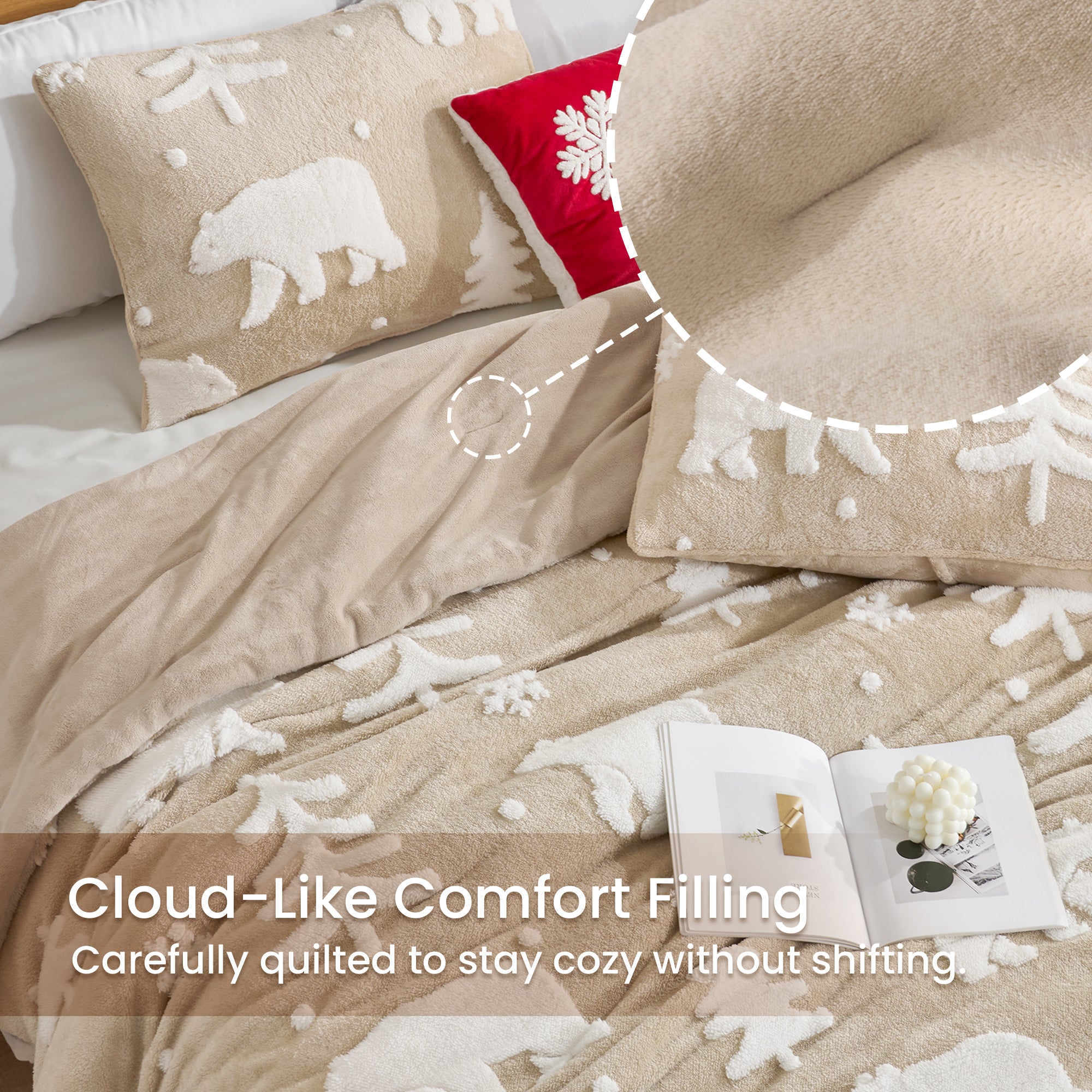 Beige bedding set with animal patterns on a bed, featuring text about cloud-like comfort filling. #Color_Polar Bear
