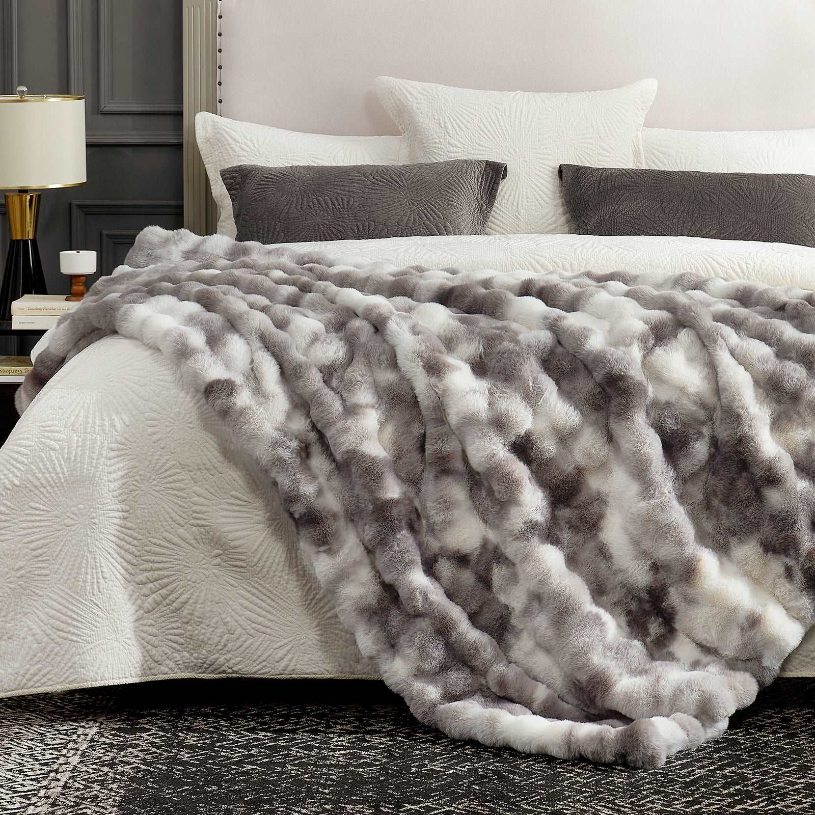 Cozy Bliss Bubble Faux Fur Blanket in tie-dye taupe, luxurious soft blanket on bed #color_Tie-dye Taupe