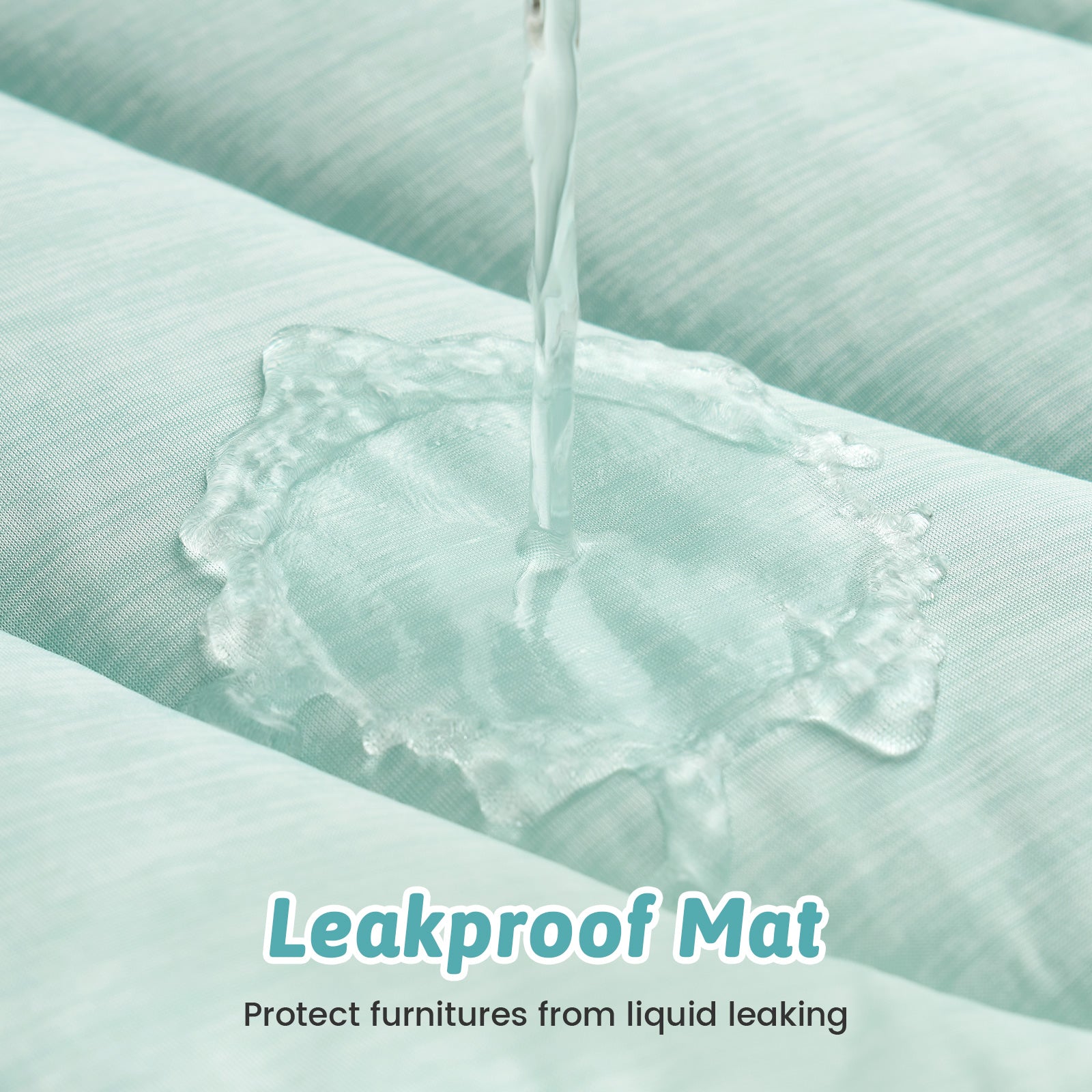 Leakproof mat demonstrating its effectiveness in preventing liquid from seeping through, with text 'Leakproof Mat' and 'Protect furnitures from liquid leaking'. #color_Light Mint Green