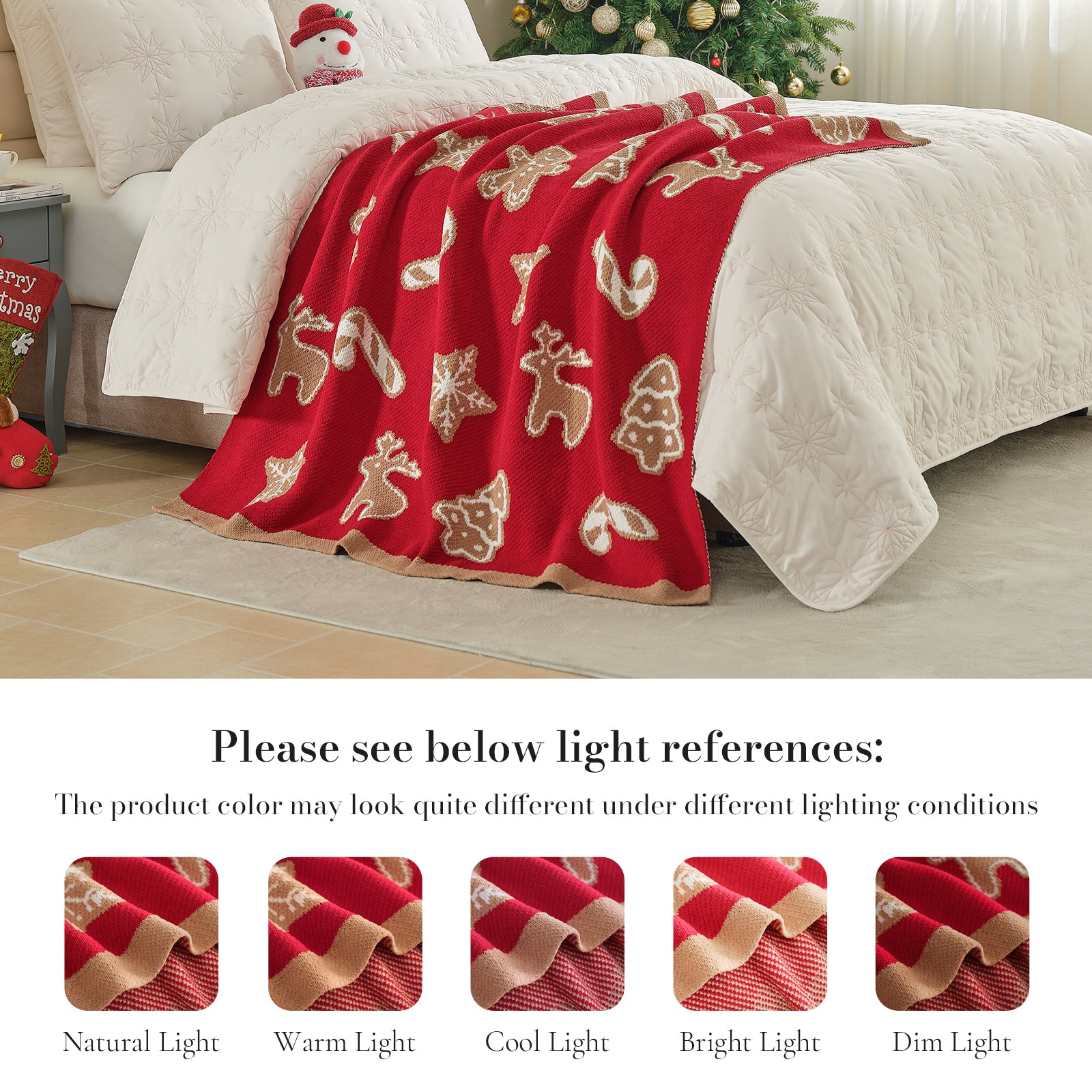 Red blanket with Christmas patterns on a bed in a bedroom setting #color_Gingerbread Cookie