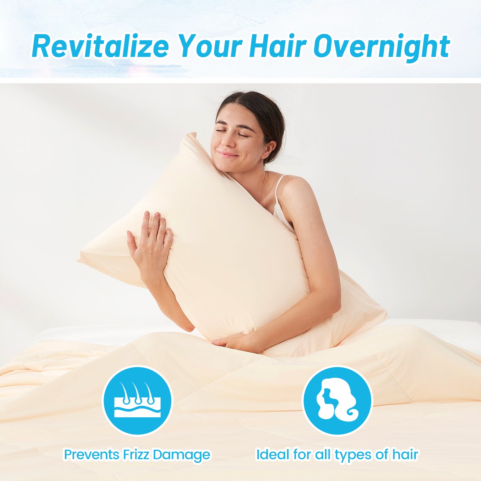 Beige cooling pillowcase, woman resting. Revitalize hair overnight, prevents frizz, ideal for all hair types. #color_Yellow