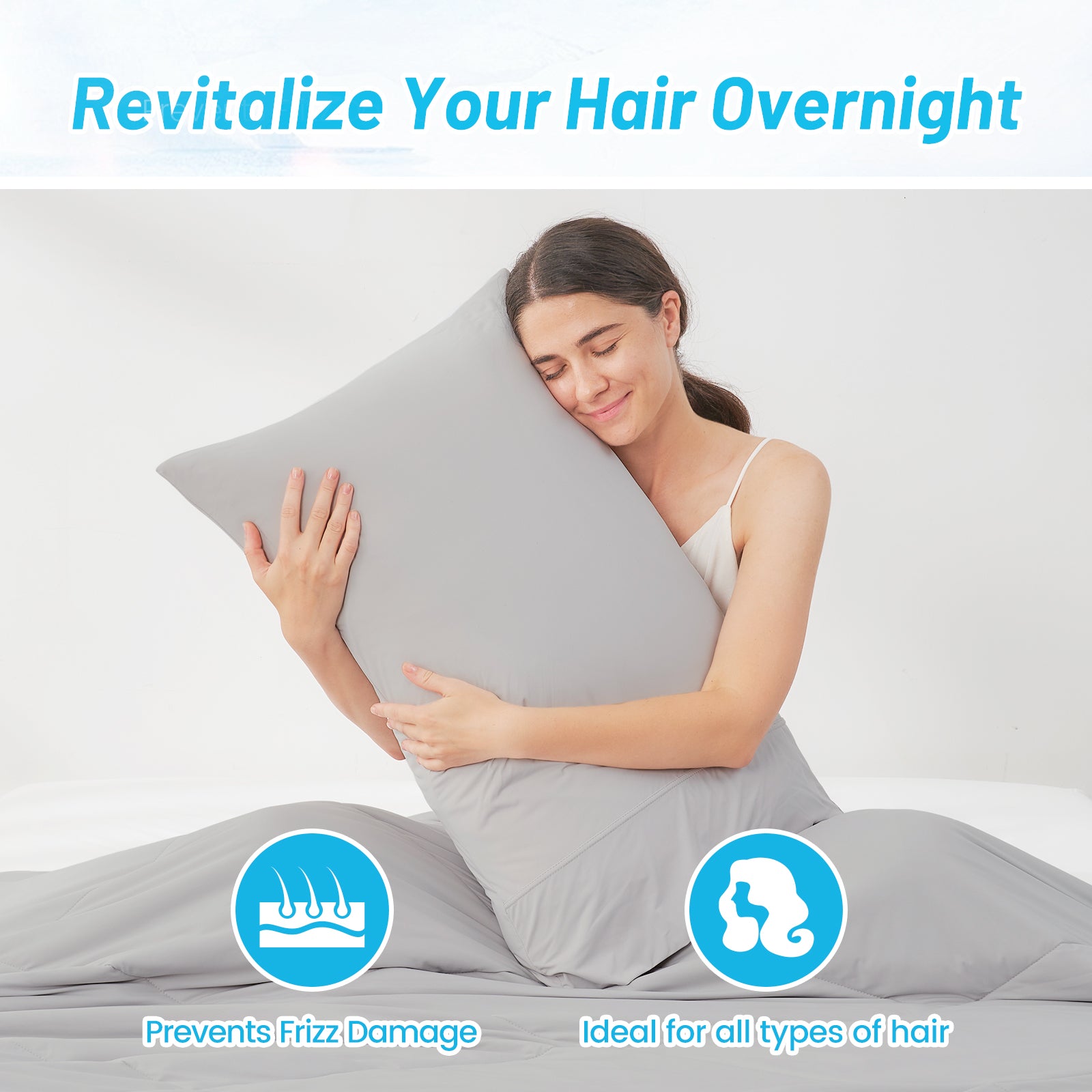 Cooling pillowcase, revitalizing hair overnight, prevents frizz, ideal for all hair types, gray. #color_Light Grey