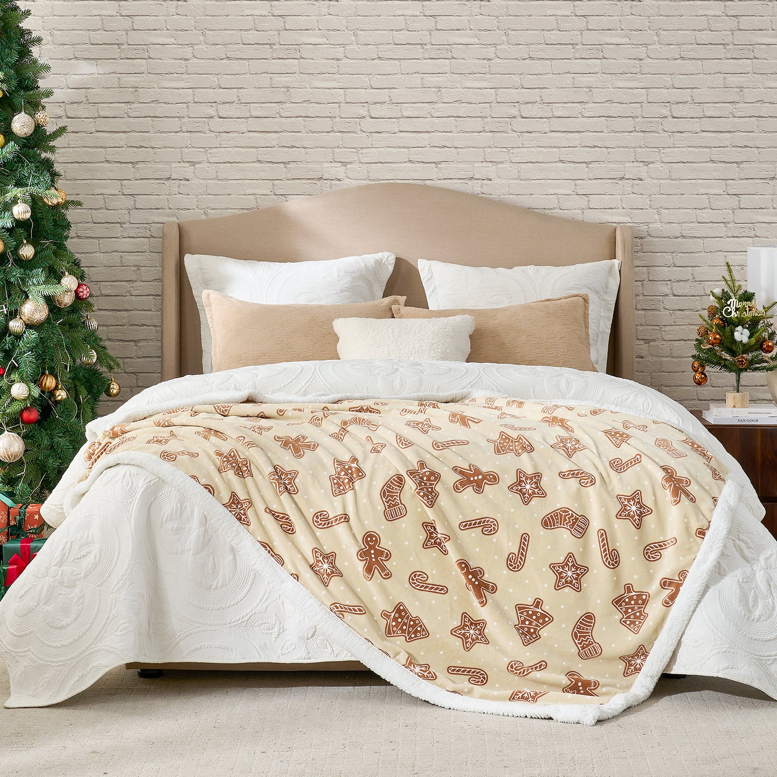 Beige gingerbread patterned blanket on a bed with Christmas decorations in the background. #color_Christmas Gingerbread