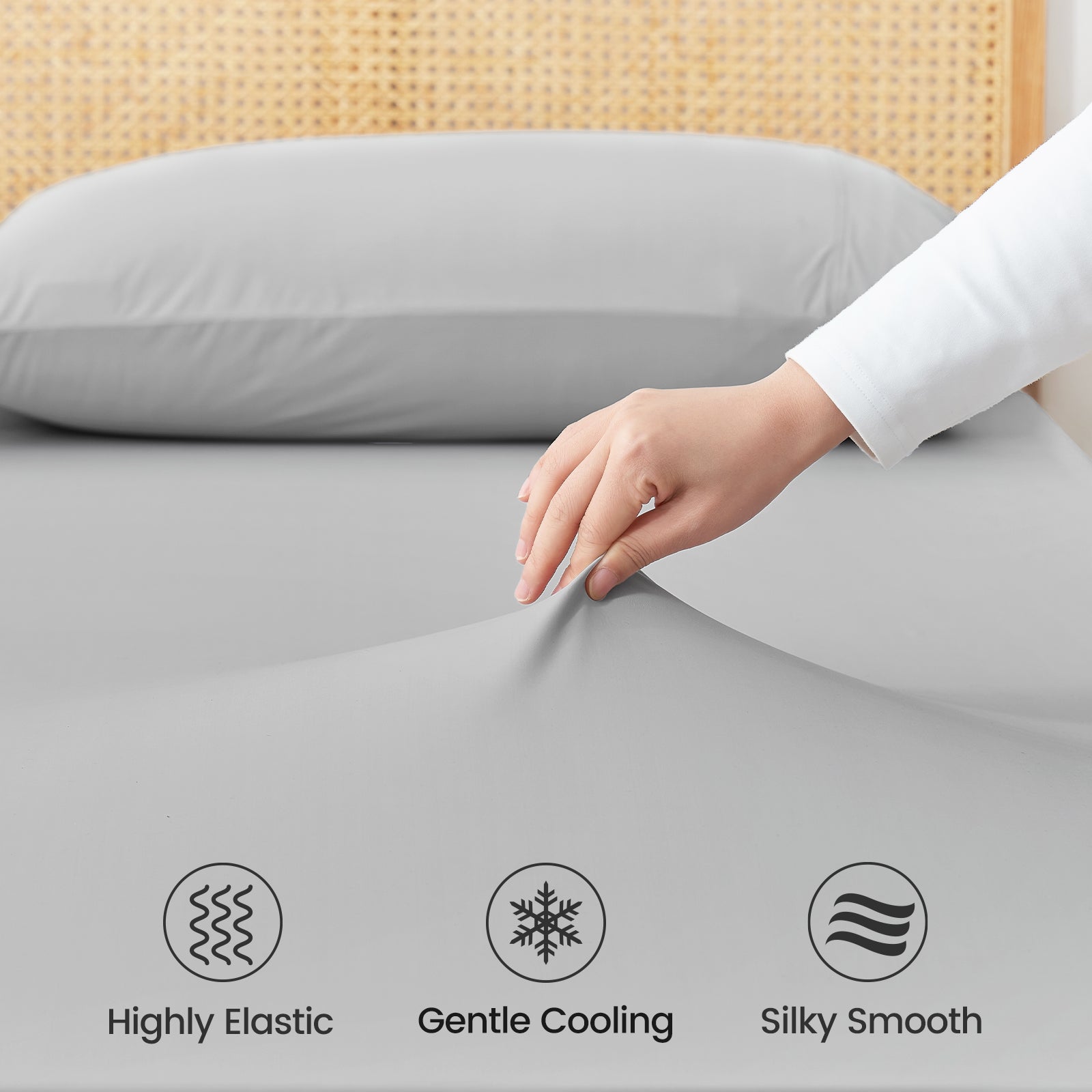 Gray cooling fitted sheet set, highly elastic, gently cooling, and silky smooth. Cozy bedding by Cozybliss. #Color_Light Grey