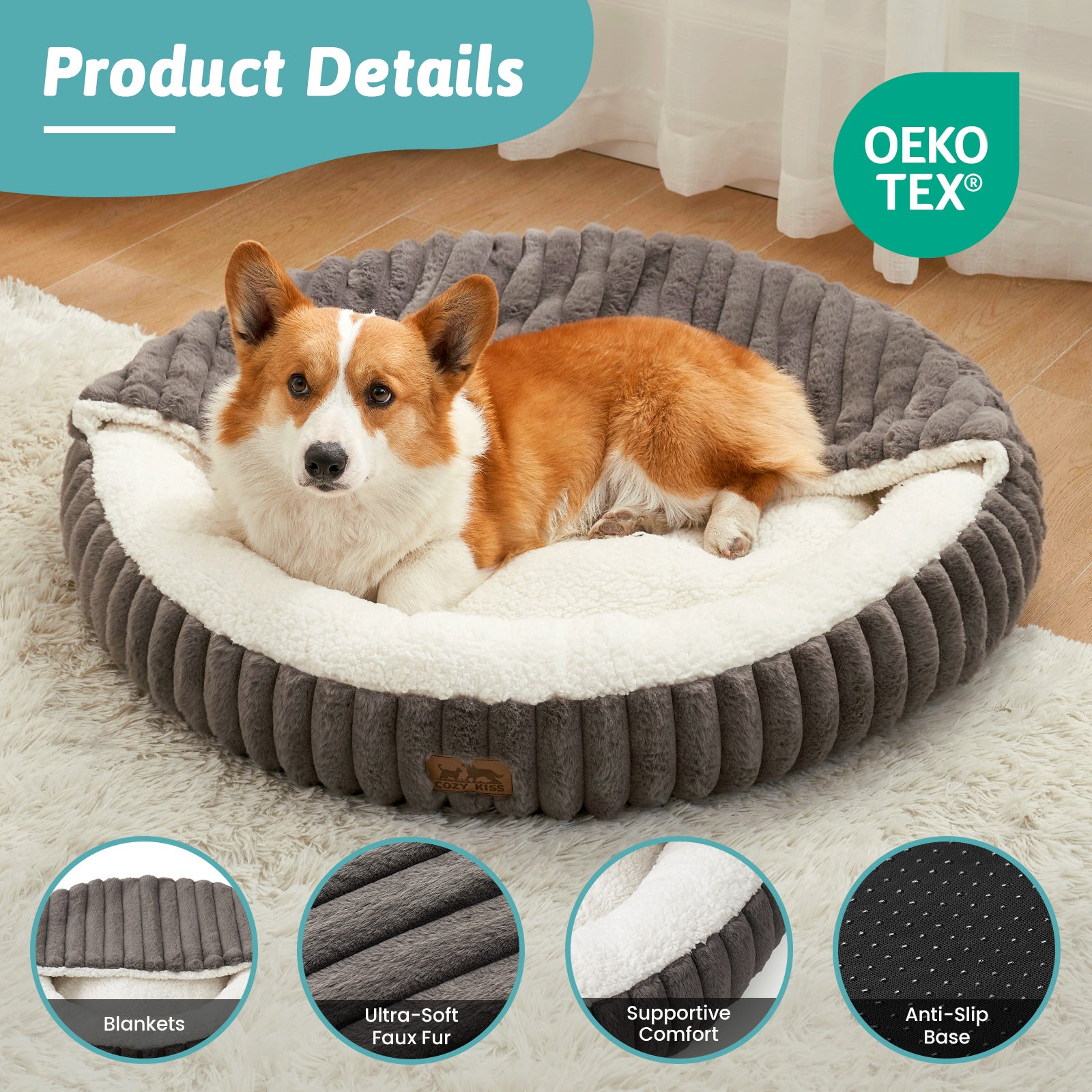 Grey pet bed with a dog inside, featuring OEKO-TEX certification, soft faux fur fabric and anti-slip base.#color_Grey