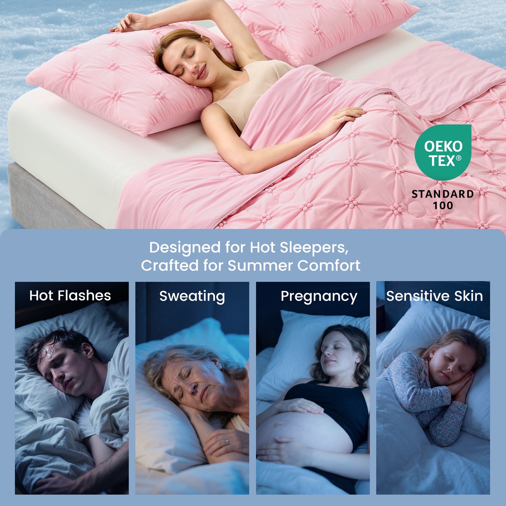 Woman sleeping under a pink blanket with Oeko-Tex Standard 100 label, surrounded by images of hot flashes, sweating, pregnancy, and sensitive skin. #Color_Pink