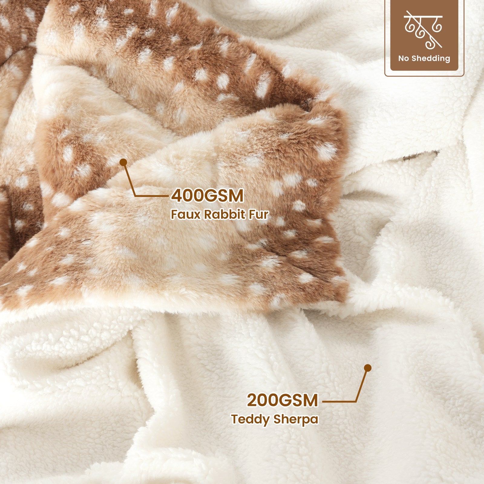 Deer Print Faux Fur Blanket detail: 400GSM faux rabbit fur and 200GSM Teddy Sherpa, no shedding, cozy blanket #color_Brown