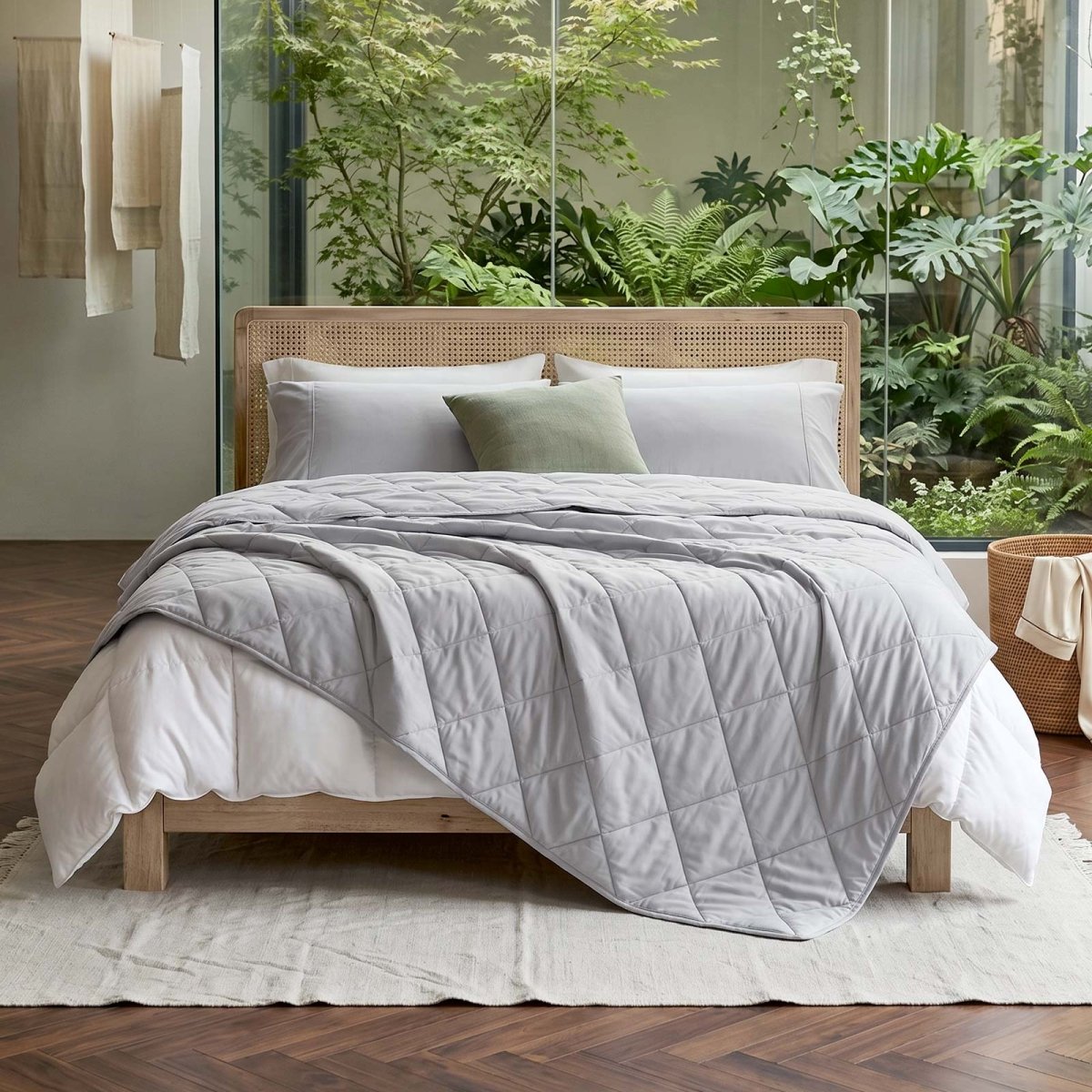 Cozy Bliss Chill Weave Square Cooling Blanket in a bedroom setting #Color_Cool Grey