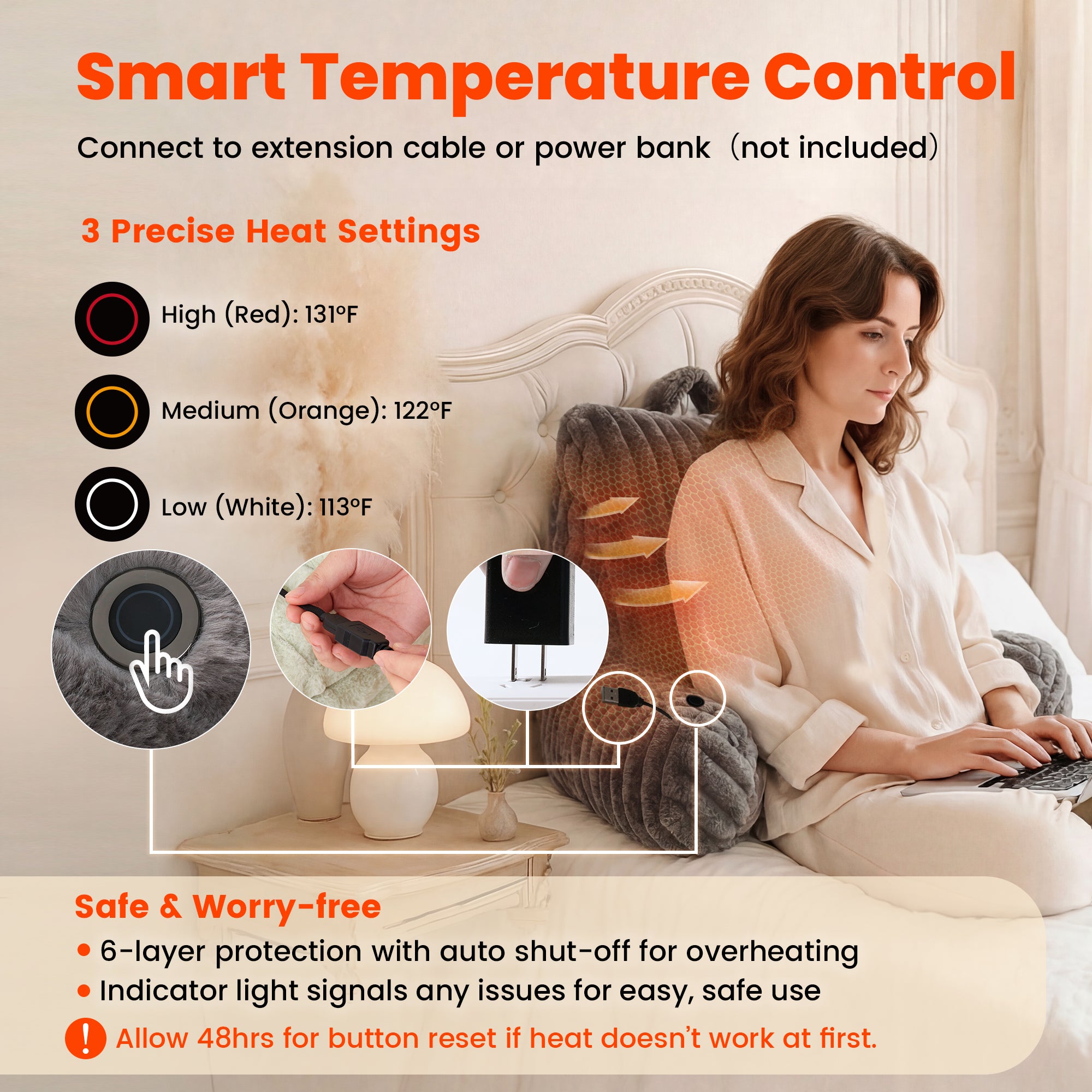 Smart temperature control and 6-layer protection electric heated backrest reading pillow for comfort and safe. #color_Grey