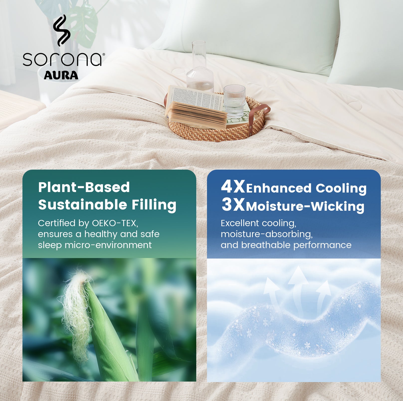 Sorona® cooling comforter on bed with plant-based sustainable filling, enhanced cooling and moisture-wicking breathable performance.#color_Beige