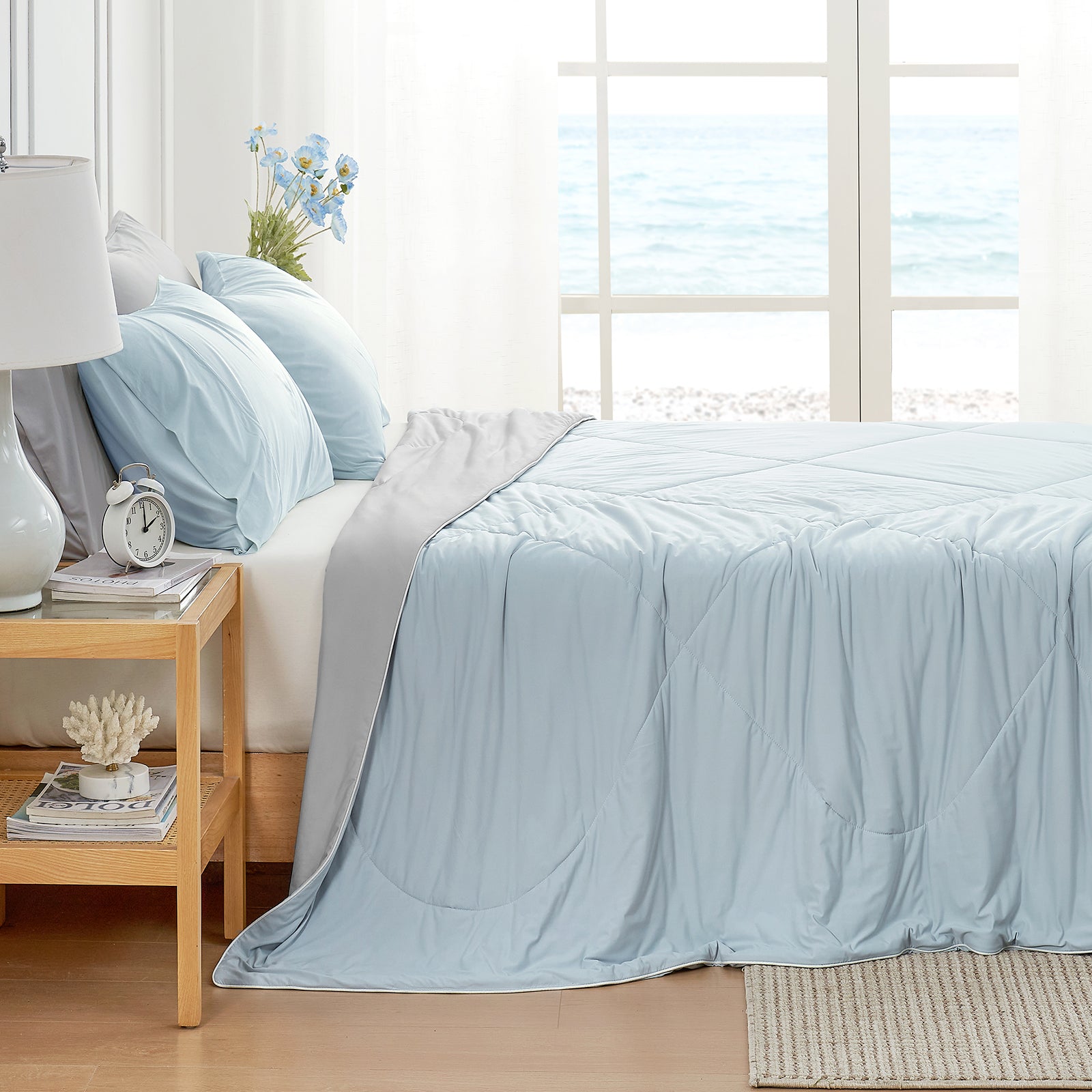 Light blue cooling comforter with gray underside, Cozy Bliss bedding set. Ideal for hot sleepers. #Color_Grey/Blue