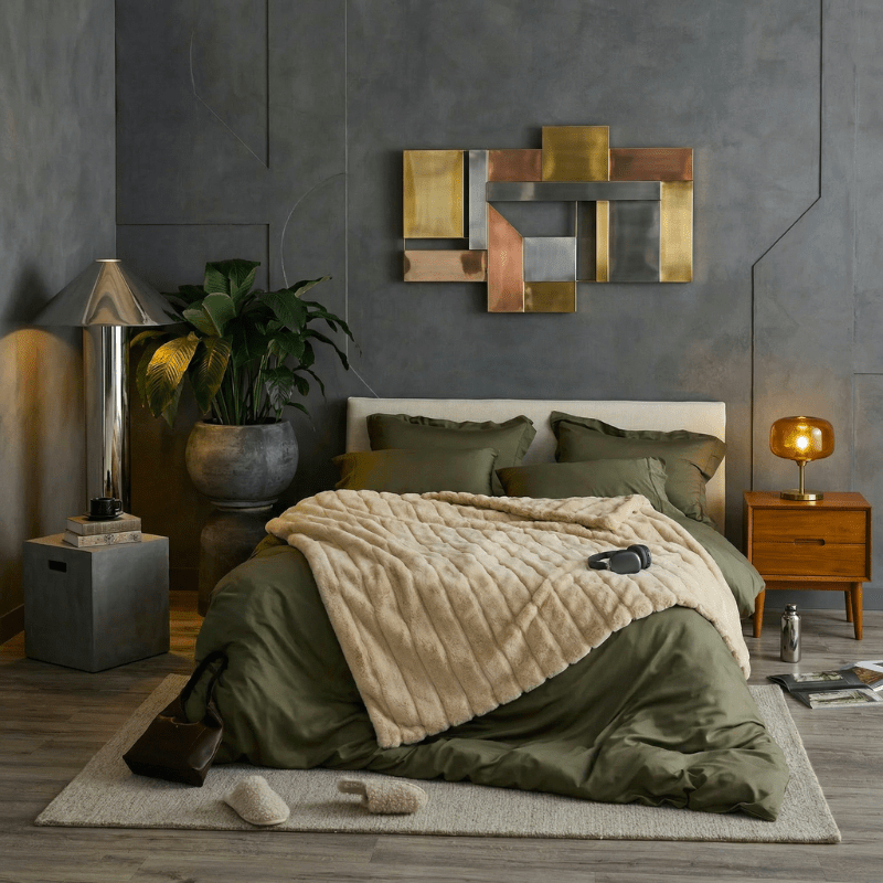 Cozy Bliss faux fur blanket styled on a modern bed, creating a warm and cozy bedroom atmosphere #color_Khaki