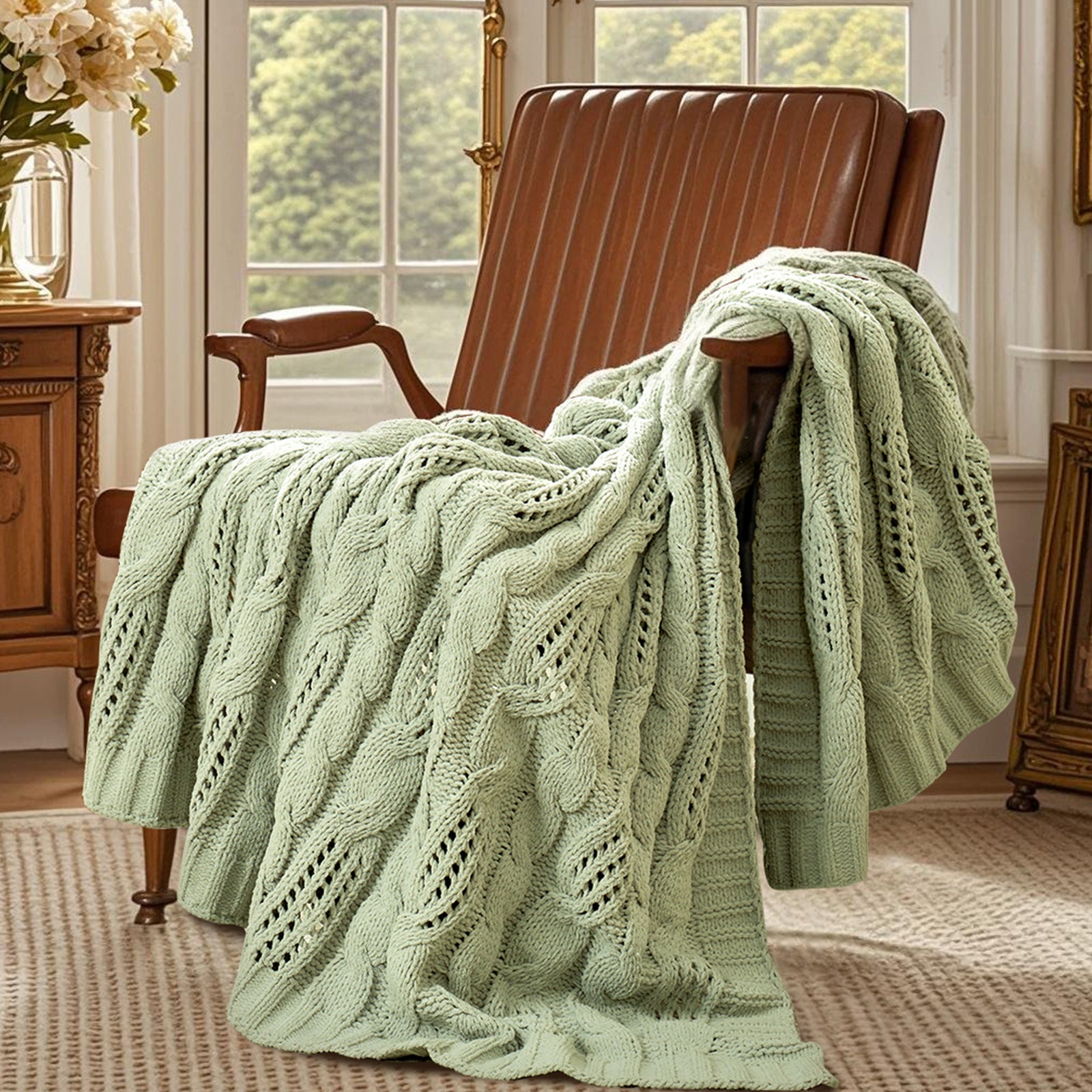 Chenille Cable Knit Throw Blanket in Sage Green front view draped over an armchair, showcasing soft chenille texture and elegant cable knit design. #color_Sage Green