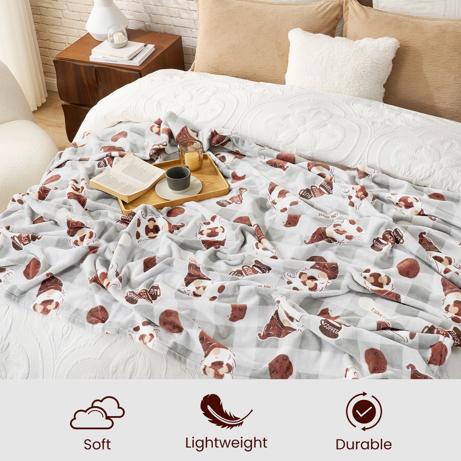 Patterned blanket on a bed with bedside table and pillows, featuring soft, lightweight, and durable icons. #color_Coffee Gnome Grey
