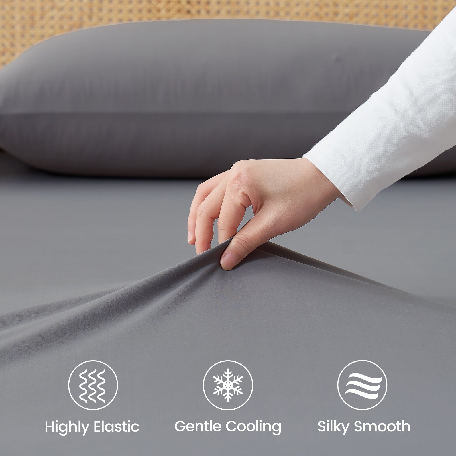 Ultra-soft gray cooling fitted sheet showcasing elasticity, cooling, and silky texture for cozy sleep #Color_Dark Grey