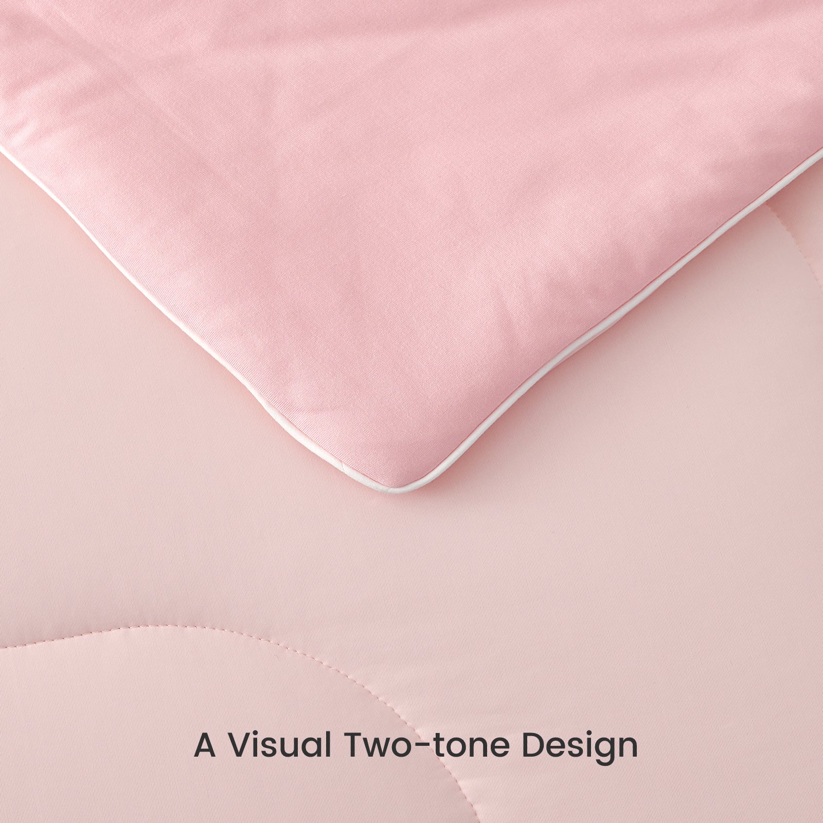 Pink cooling comforter with two-tone design and white trim, Cozy Bliss breathable bedding #color_Cool Pink