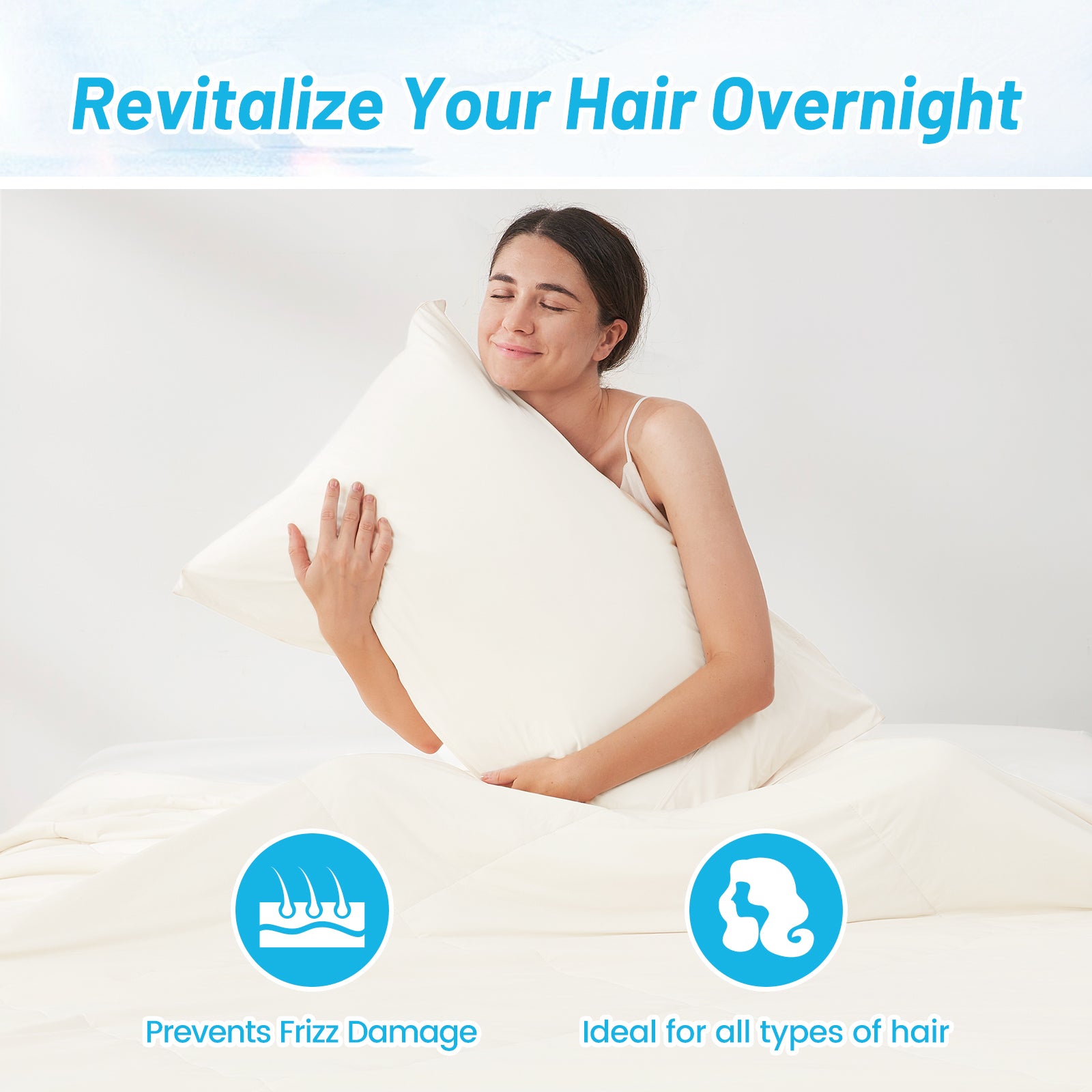 Woman with cooling pillowcase, revitalizing hair overnight, preventing frizz and ideal for all hair types. #color_Off White