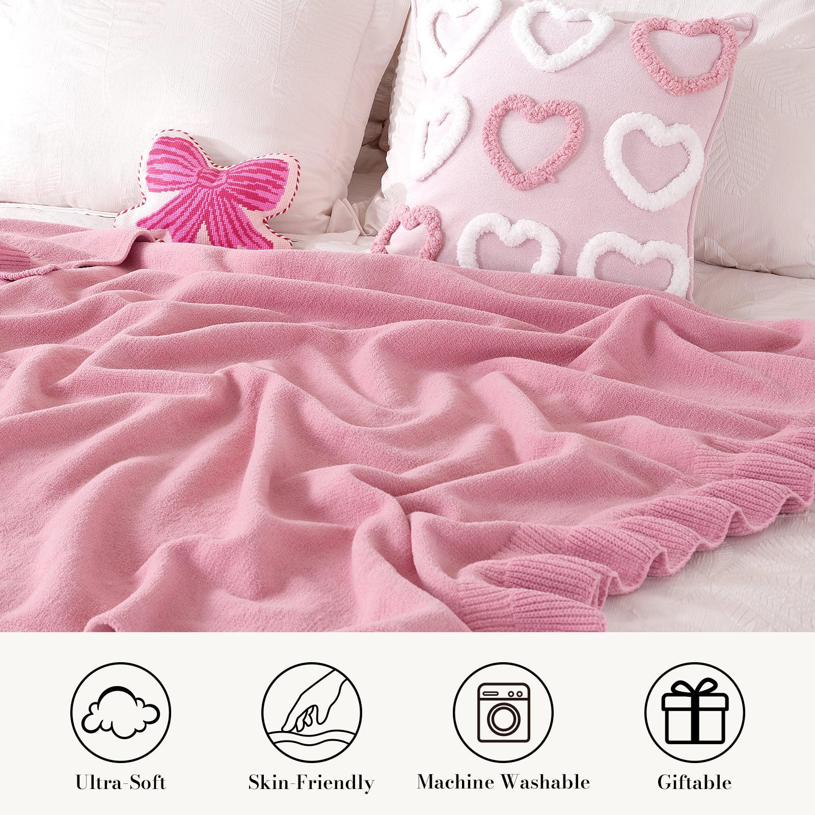 Ruffle Knit Chenille Throw Blanket in Pink featuring ultra soft, skin-friendly, machine washable and giftable design for everyday comfort. #color_Pink