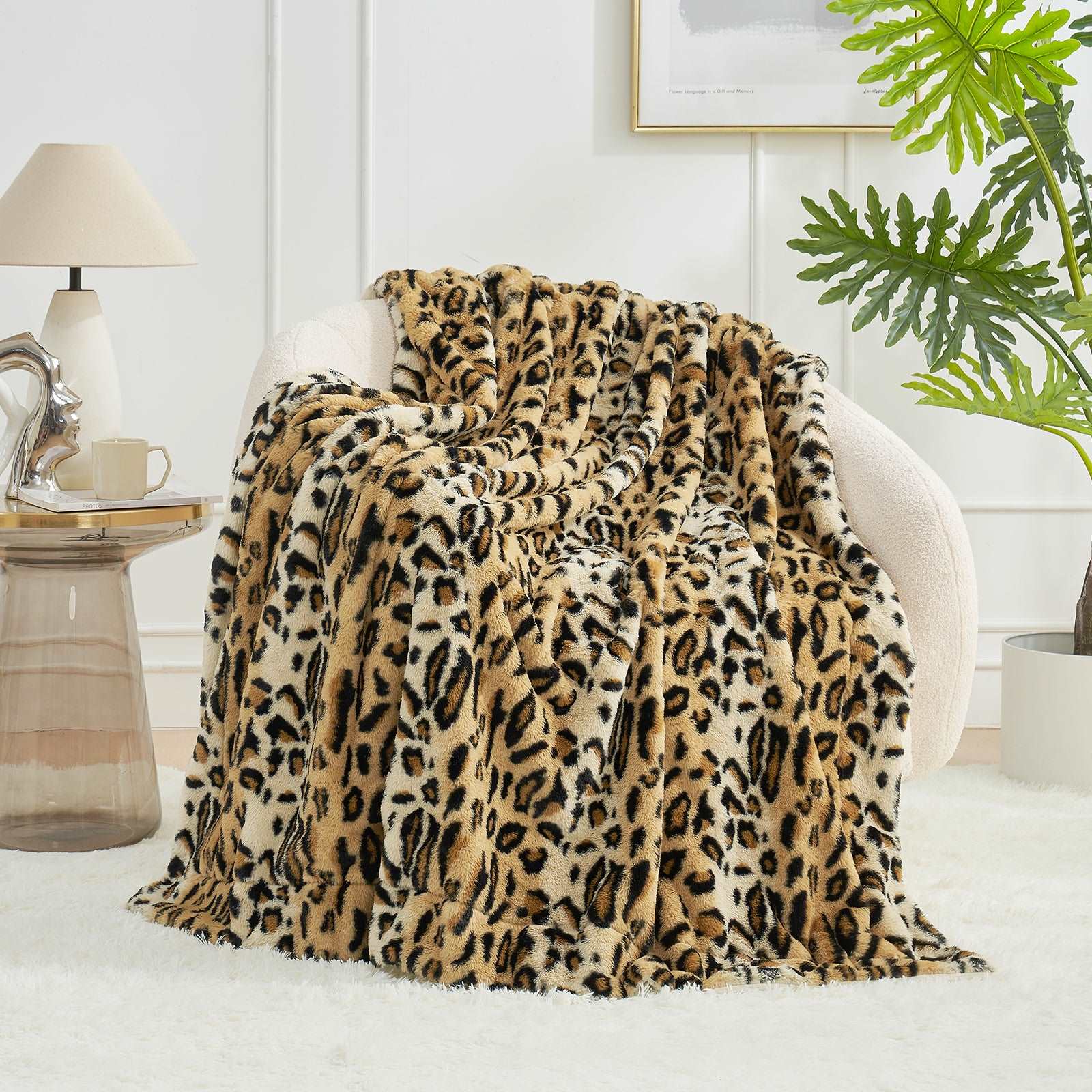 Leopard print faux fur throw blanket draped over an armchair in a cozy living room setting. #color_Brown Leopard