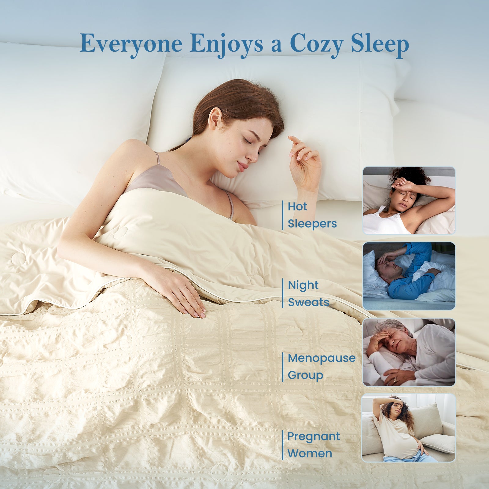 Woman sleeping peacefully under khaki seersucker cooling comforter for hot sleepers.#color_Khaki