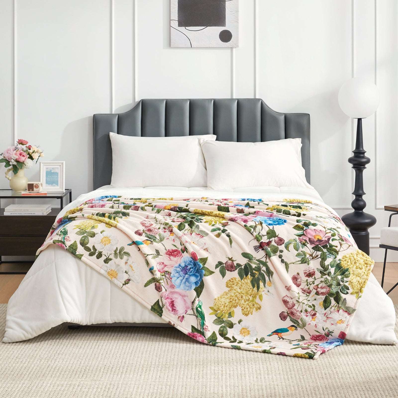 Floral printed fleece reversible blanket on bed, cozy bedding #color_Secret Garden