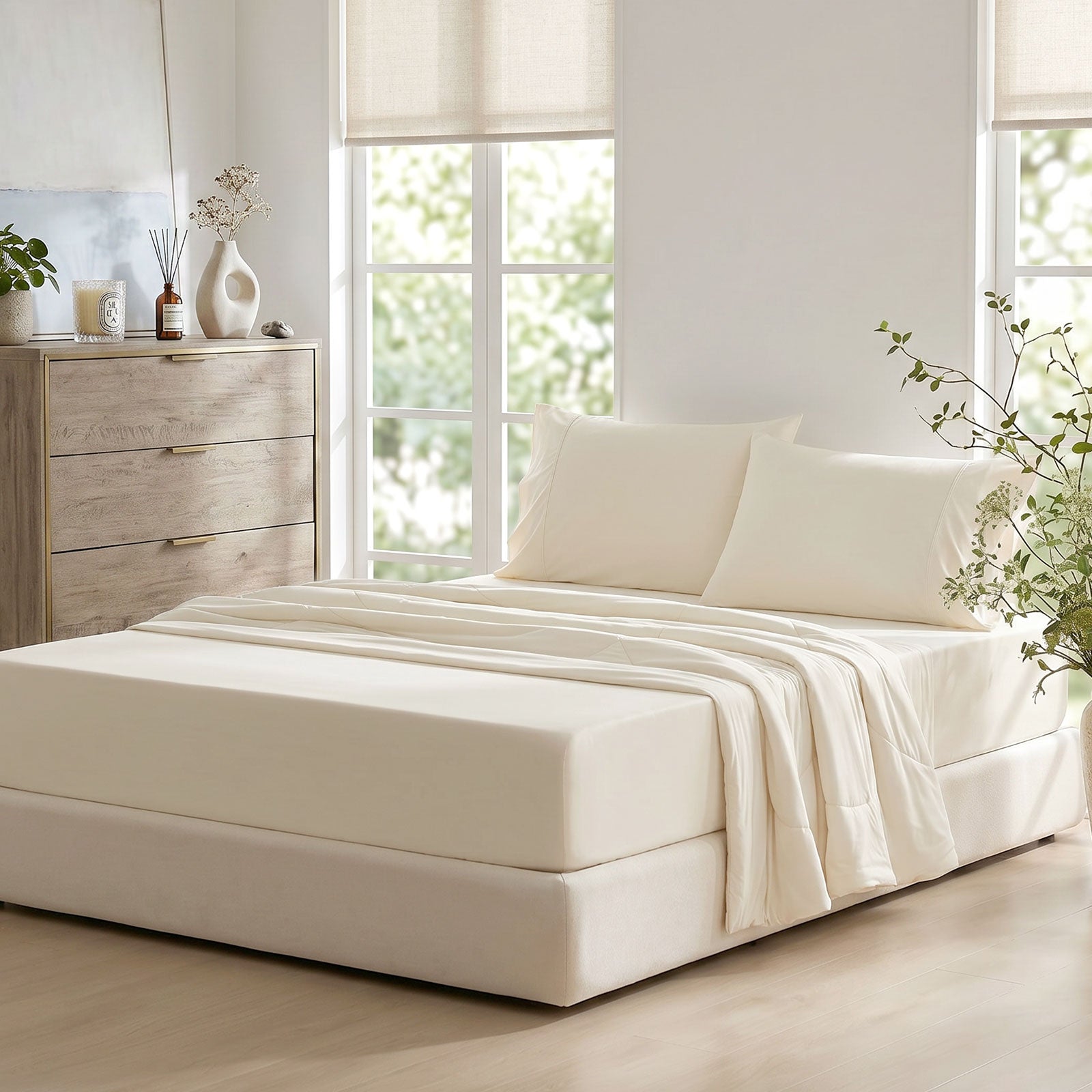 Cream cooling fitted sheet set with pillowcases on bed in side view#Color_Cream White