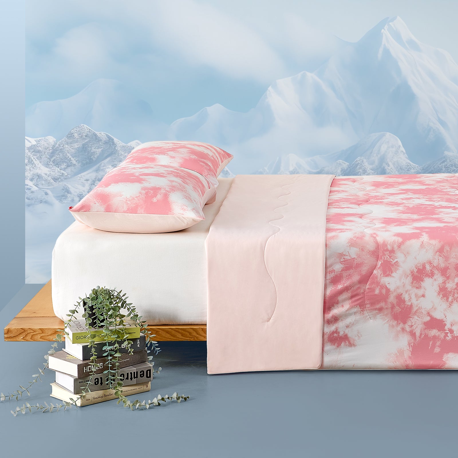 Cozy Bliss pink tie-dye cooling comforter set, breathable bedding for cozy sleep. #color_Tie Dye Pink