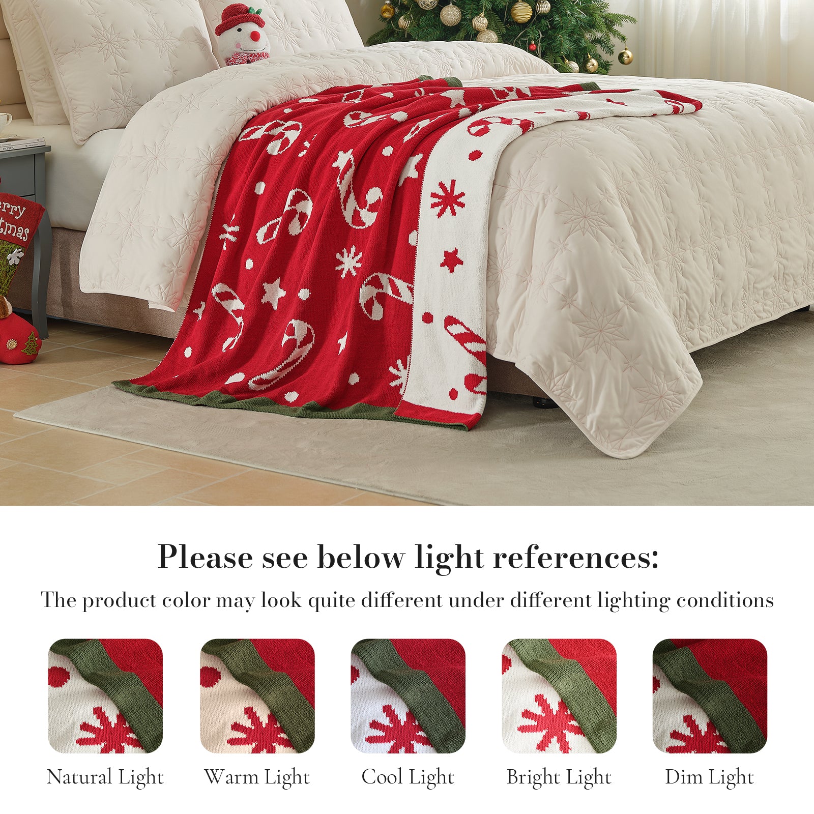Red and white patterned blanket draped over a bed with Christmas decorations. #color_Candy Cane