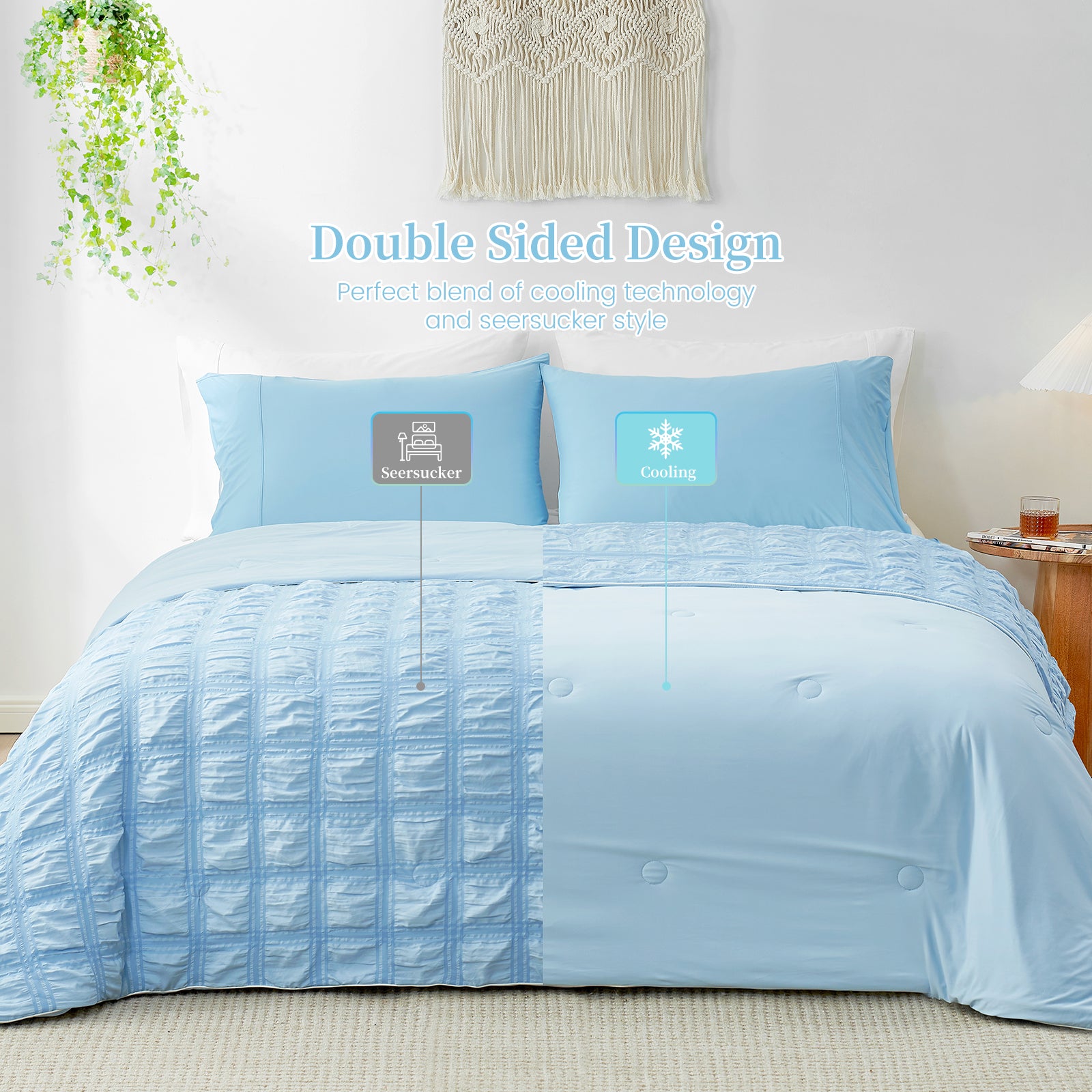 Blue Seersucker Cooling Comforter: Double-sided design #Color_Blue Plaid