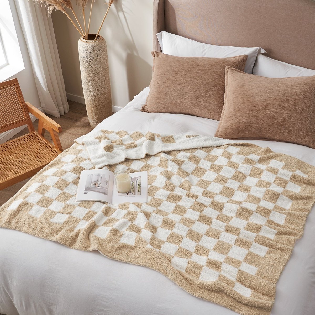 Checkered Feather Yarn Knit Throw Blanket in Beige & White styled on a bed in a modern bedroom setting. #color_Beige & White