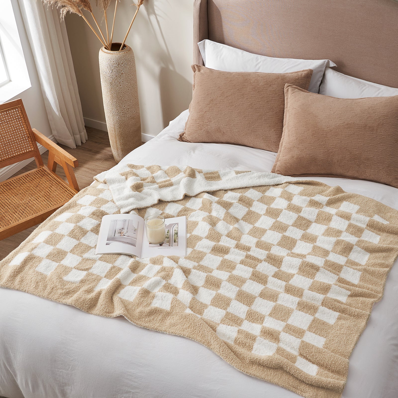 Checkered Feather Yarn Knit Throw Blanket in Beige & White styled on a bed in a modern bedroom setting. #color_Beige & White