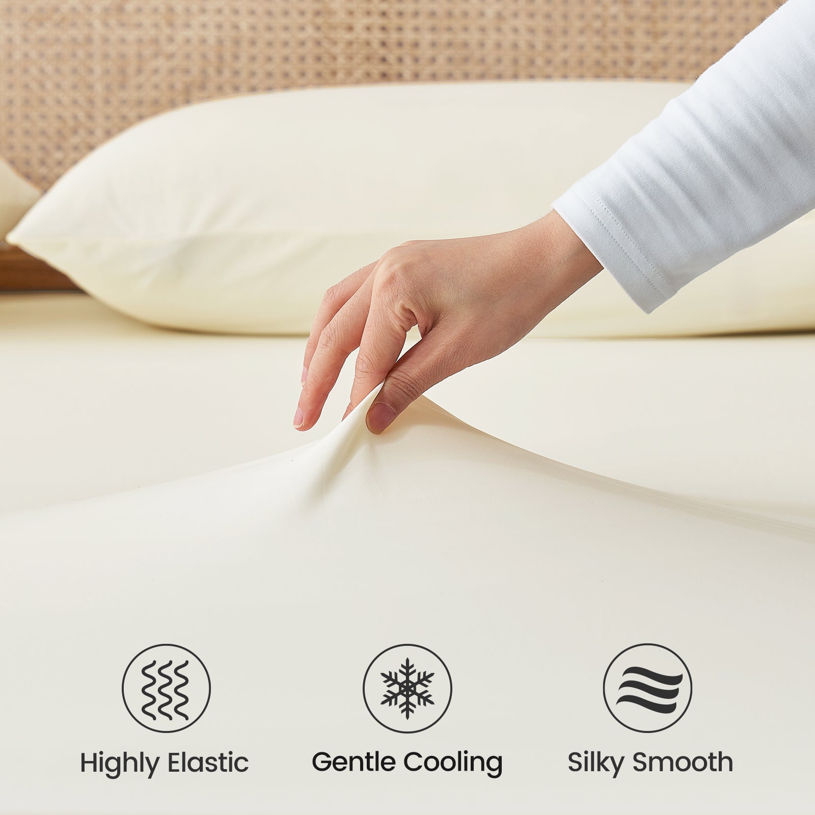 Cream-colored cooling fitted sheet, highly elastic, gently cooling, silky smooth, for a cool night's sleep #Color_Cream White