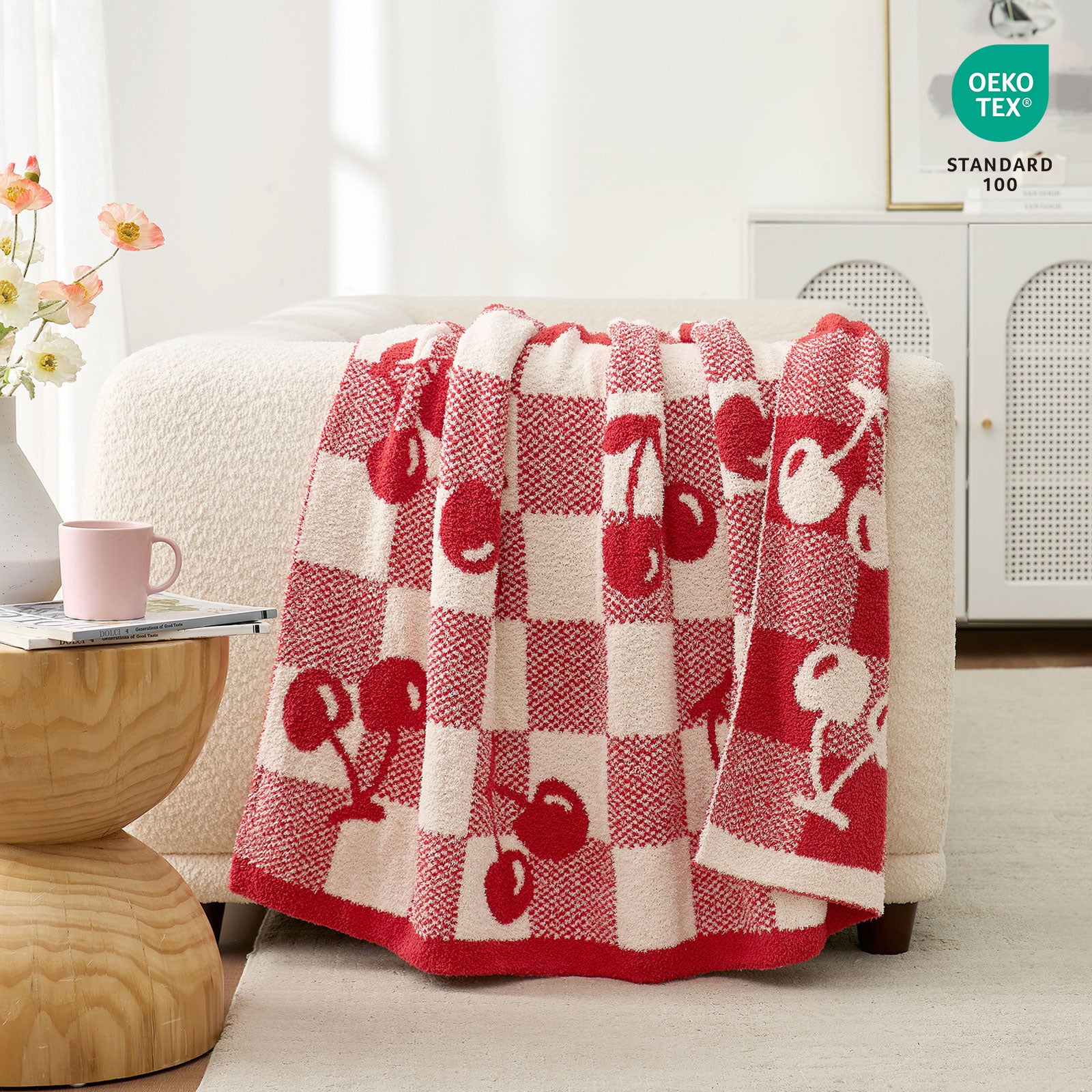 Cozy Bliss x SS Reversible Checkered With Red Cherry Throw Blanket