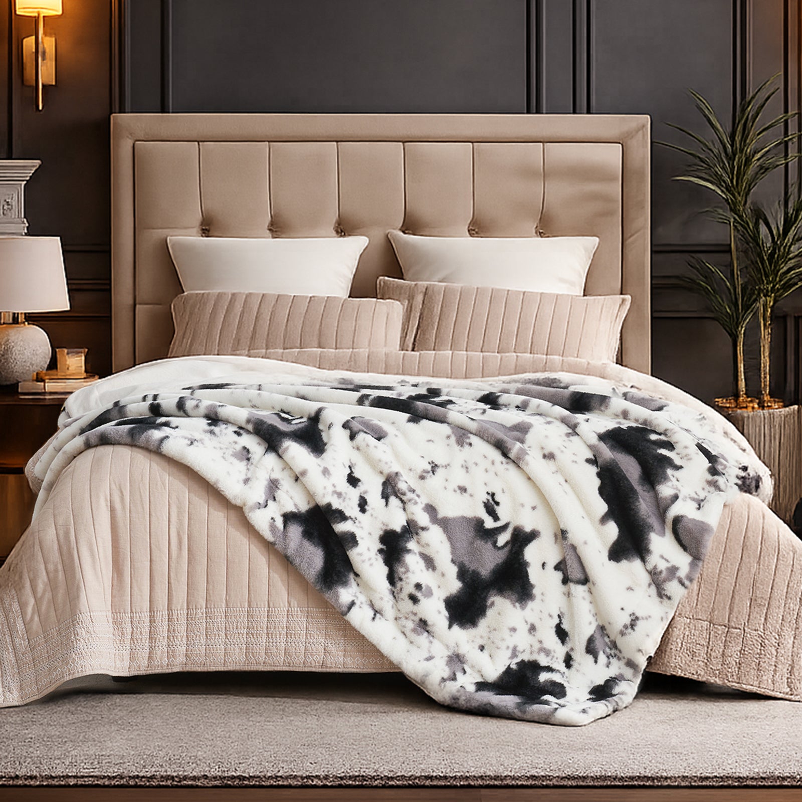 Cow Print Faux Fur Throw Blanket