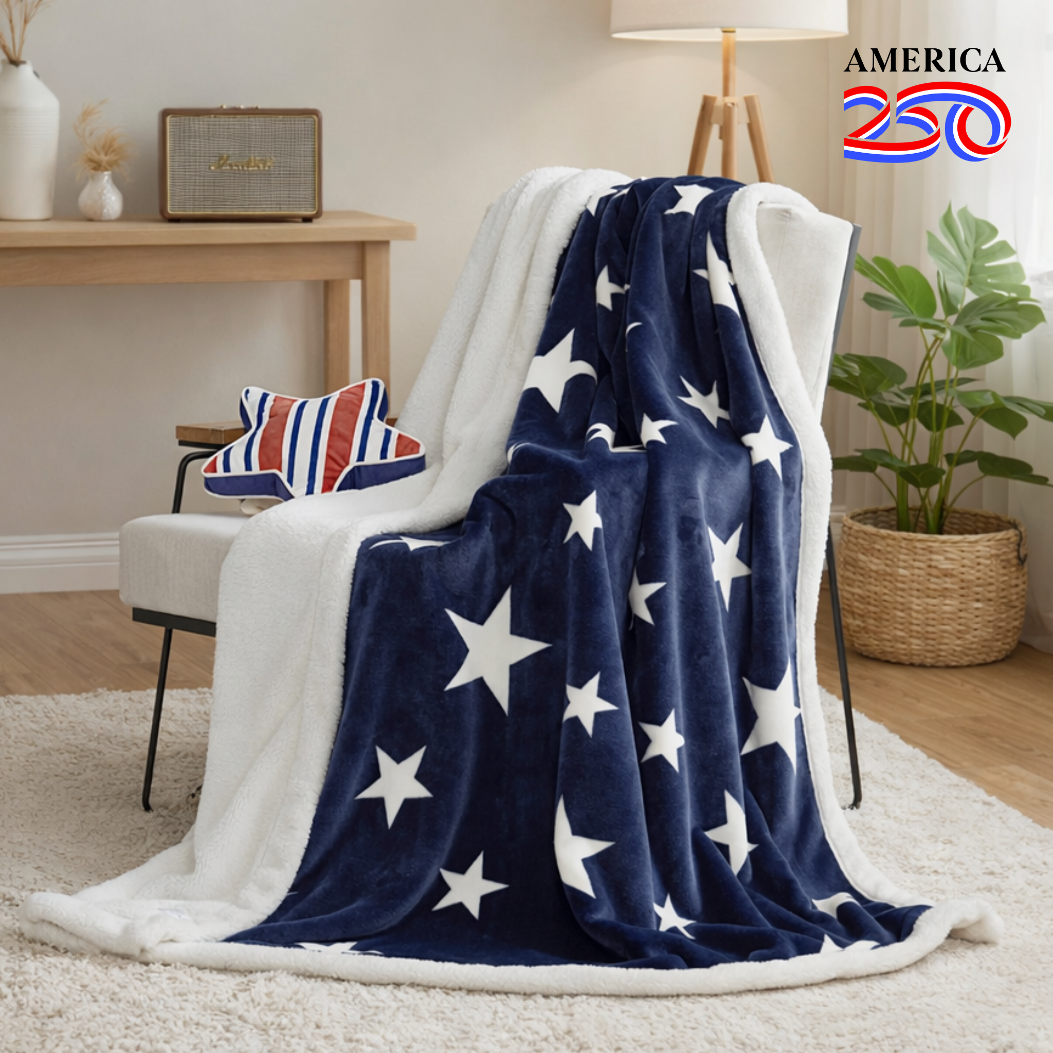 Reversible Sherpa Navy Blue Star Throw Blanket