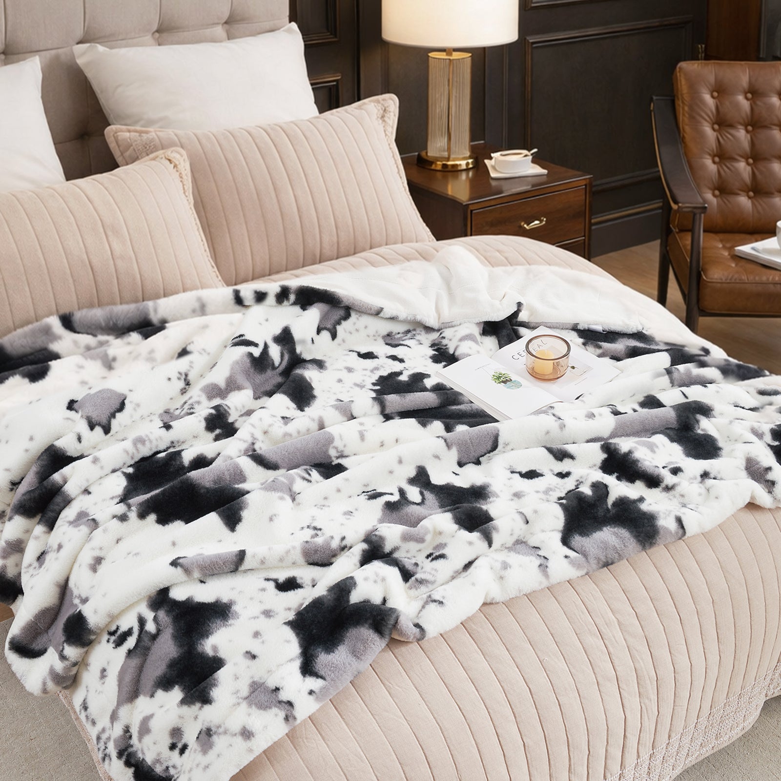 Cow Print Faux Fur Throw Blanket