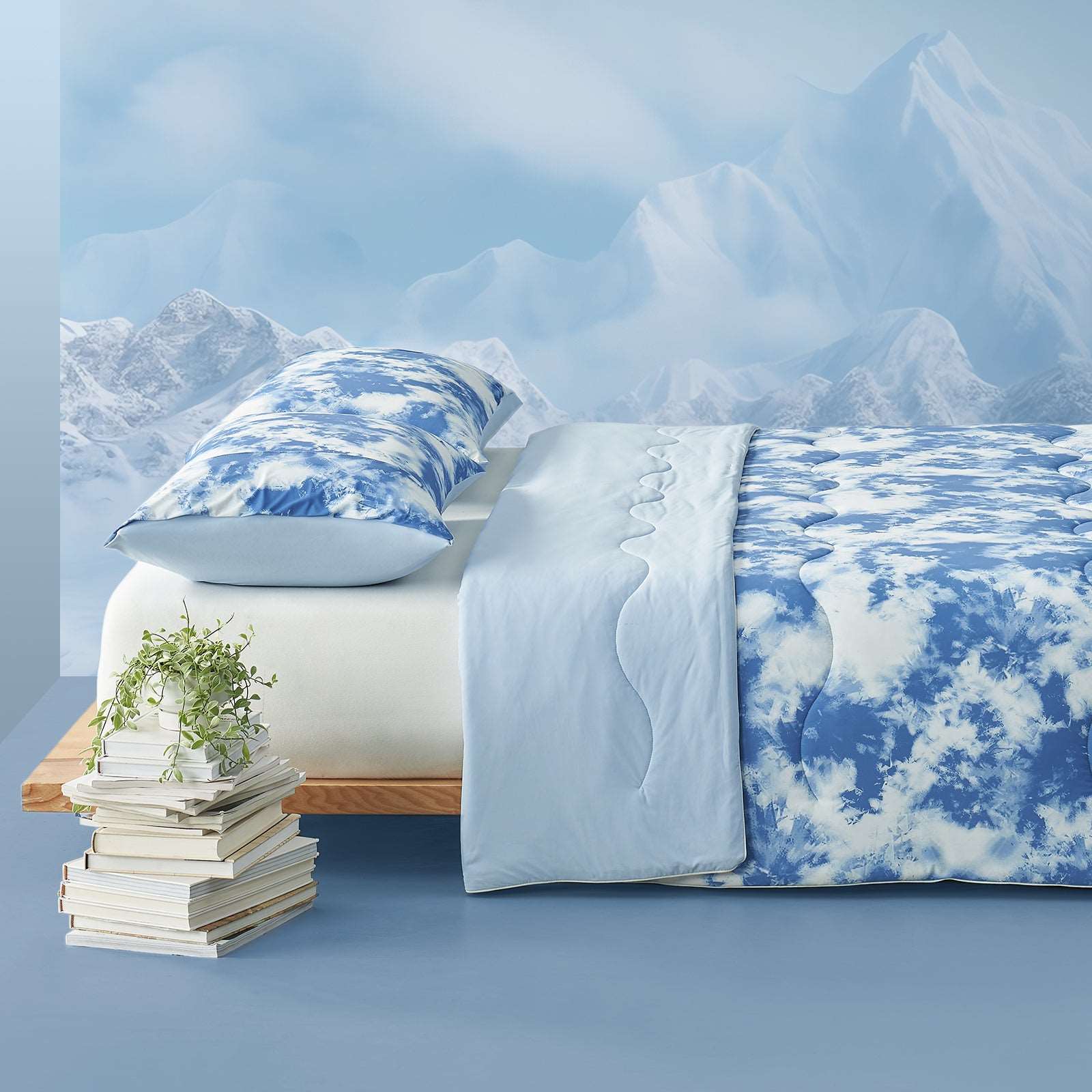 Cozy Bliss Tie-Dye Cooling Comforter Set with Mountain Backdrop #color_Tie Dye Denim Blue