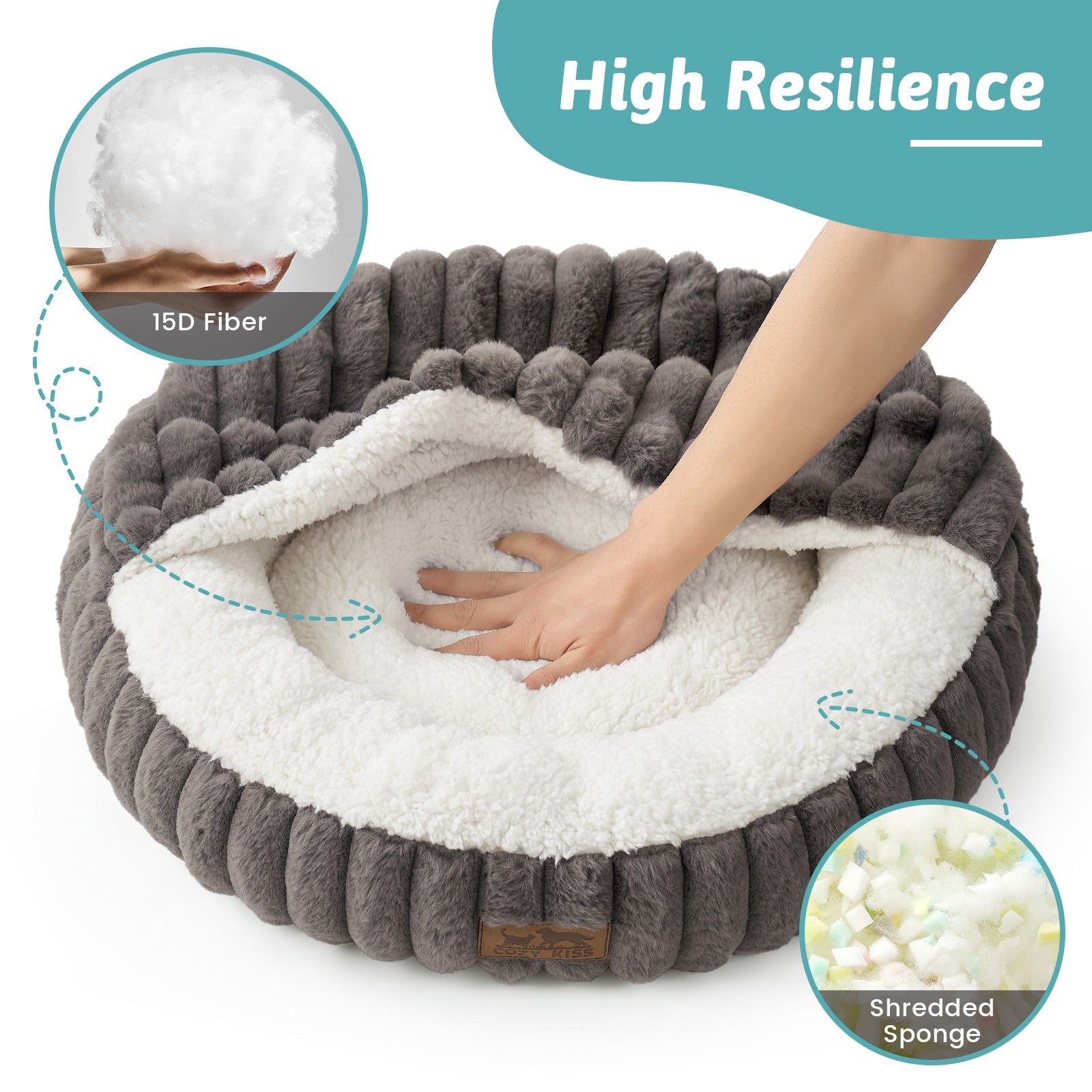 Gray pet bed with white interior, hand pressing into it, and text 'High Resilience' and 'Shredded Sponge'.#color_Grey
